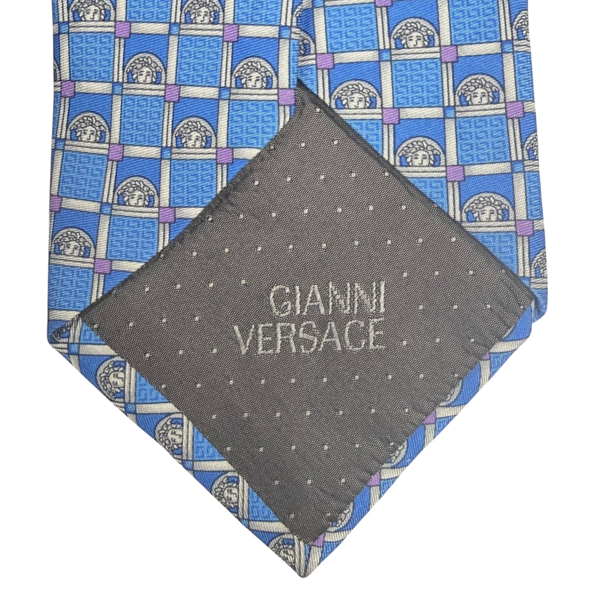 1990s Vintage Gianni Versace Silk Tie Medusa Head Pattern Blue Necktie Made in Italy