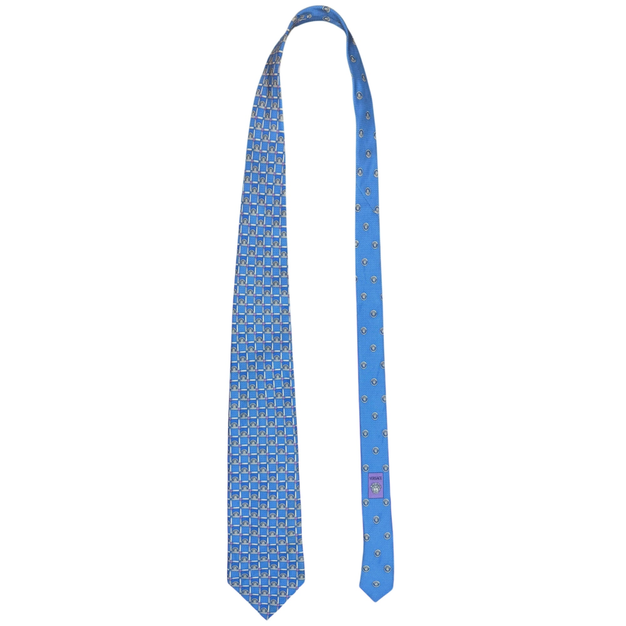 1990s Vintage Gianni Versace Silk Tie Medusa Head Pattern Blue Necktie Made in Italy