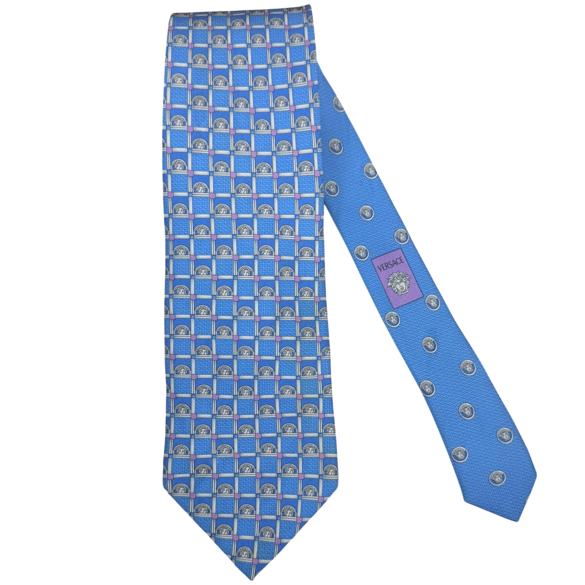 1990s Vintage Gianni Versace Silk Tie Medusa Head Pattern Blue Necktie Made in Italy