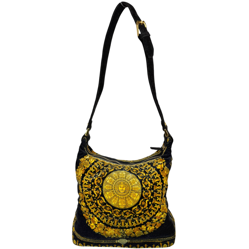 Vintage 1990s Versace Couture Shoulder Bag Velvet Medusa Baroque Print As Is