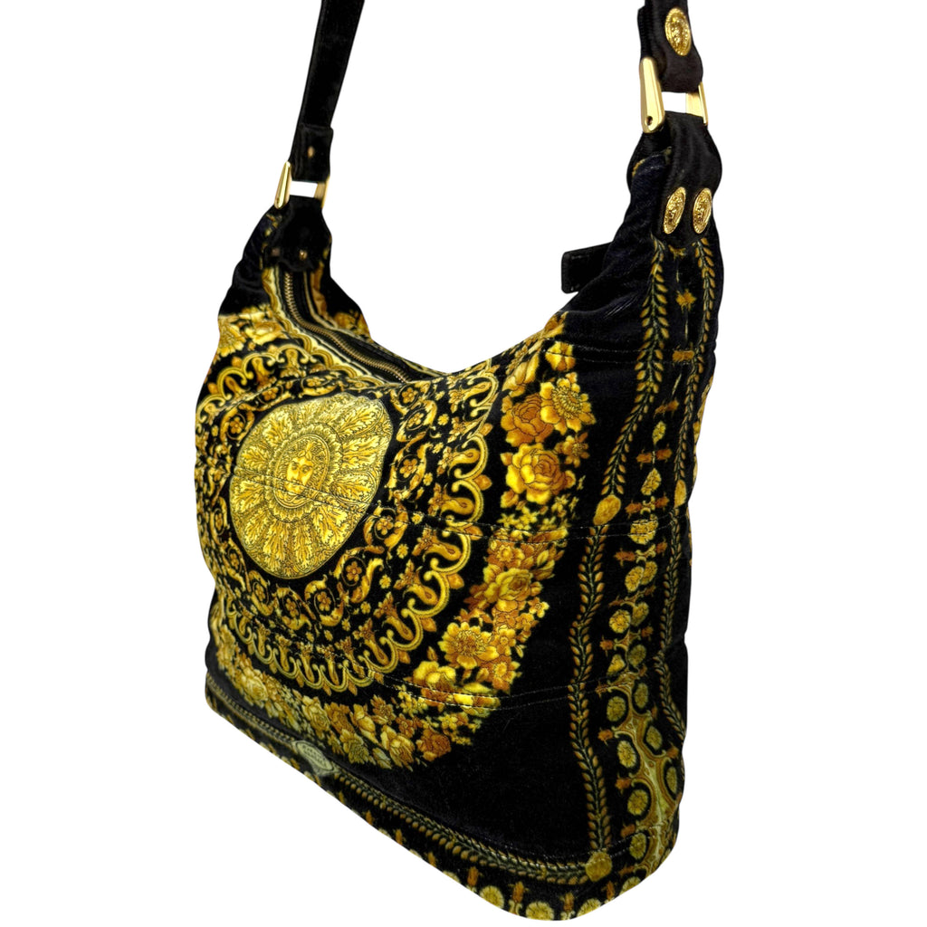 Vintage 1990s Versace Couture Shoulder Bag Velvet Medusa Baroque Print As Is