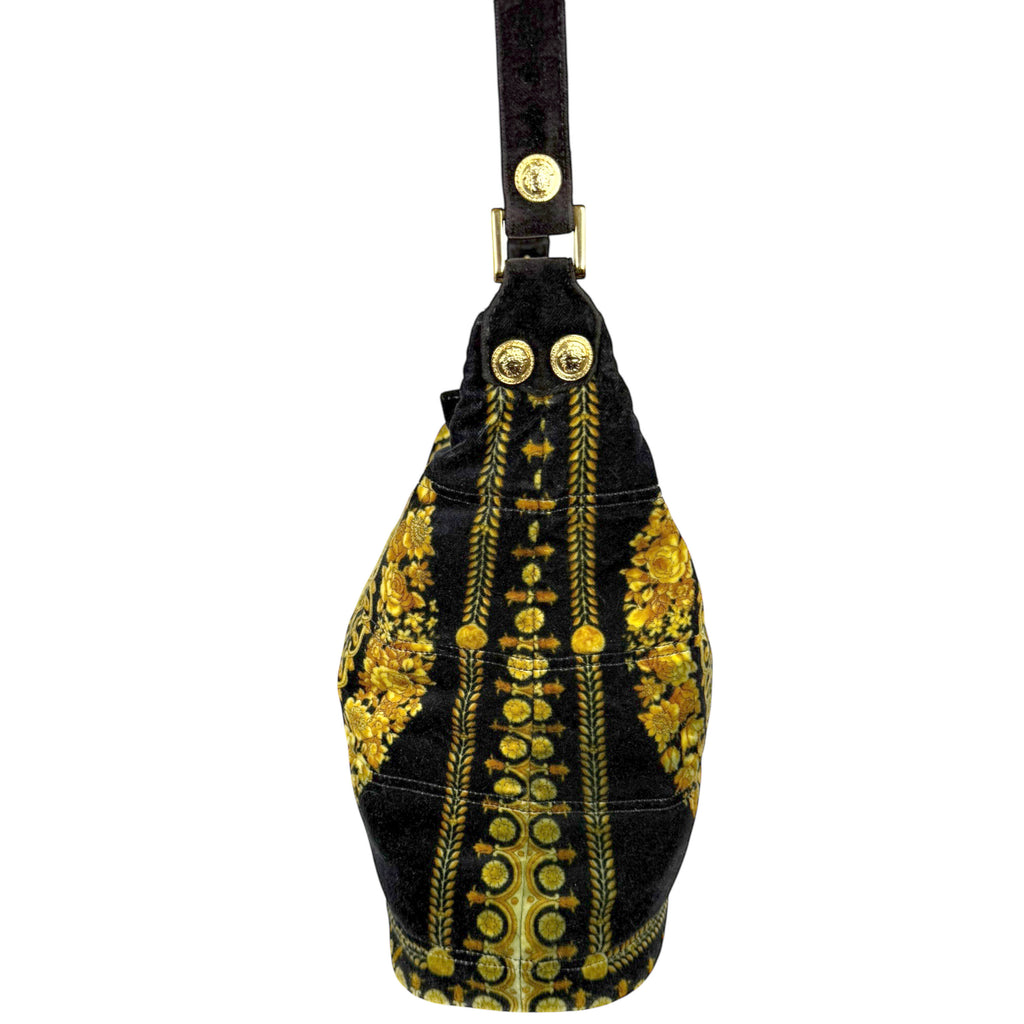 Vintage 1990s Versace Couture Shoulder Bag Velvet Medusa Baroque Print As Is