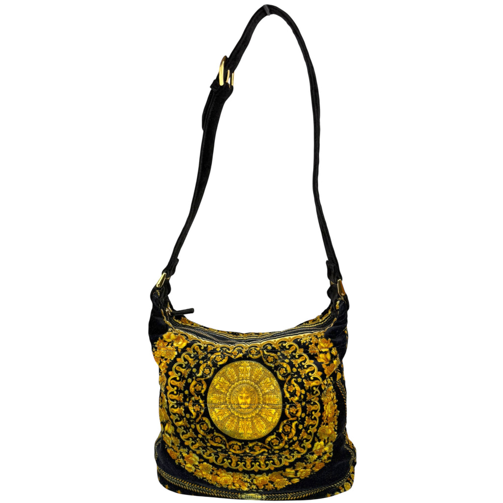Vintage 1990s Versace Couture Shoulder Bag Velvet Medusa Baroque Print As Is