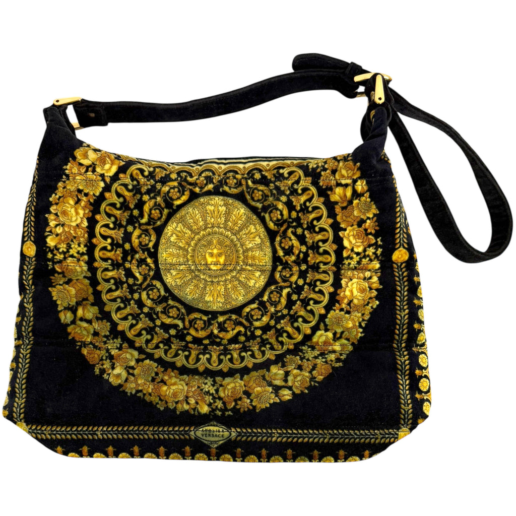 Vintage 1990s Versace Couture Shoulder Bag Velvet Medusa Baroque Print As Is