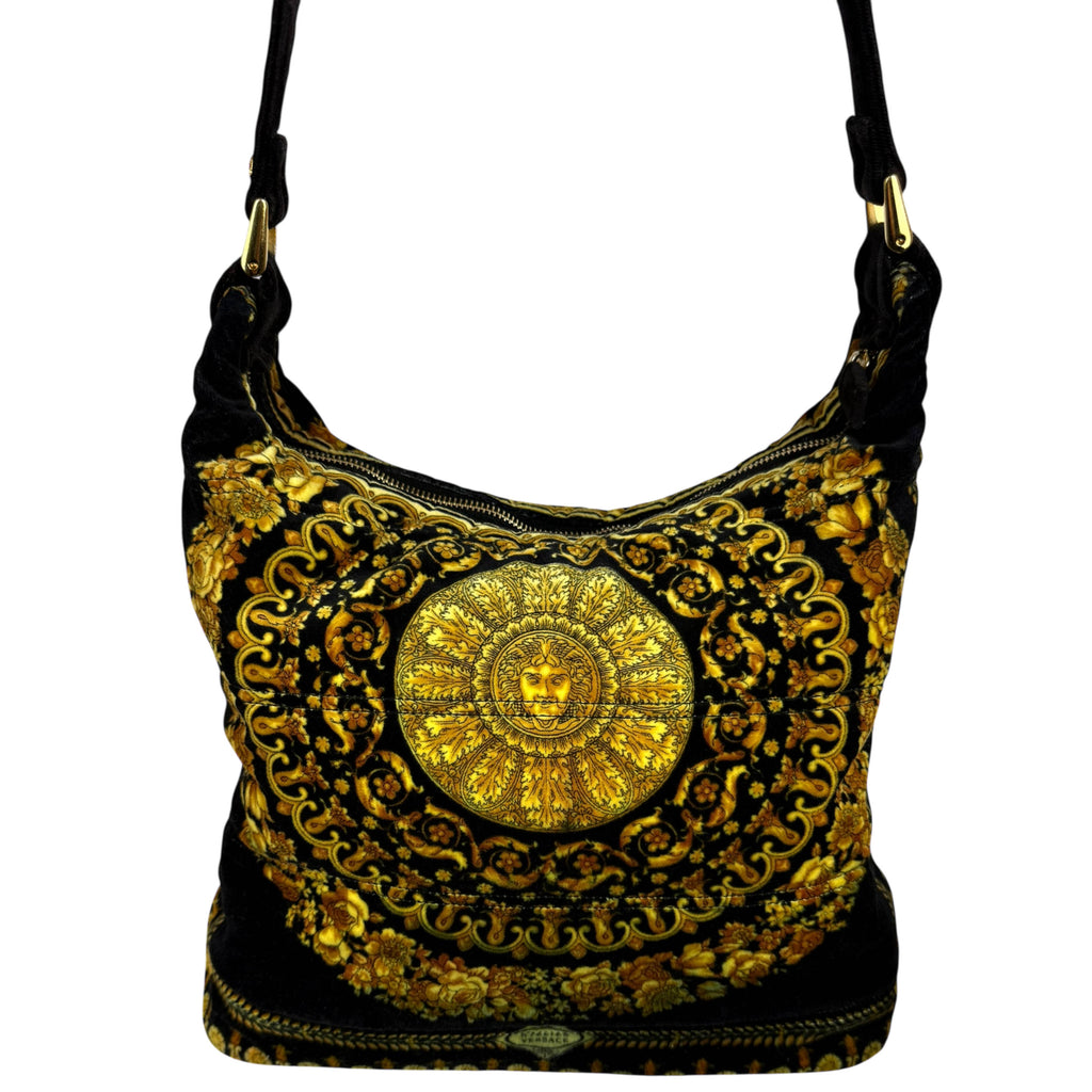 Vintage 1990s Versace Couture Shoulder Bag Velvet Medusa Baroque Print As Is