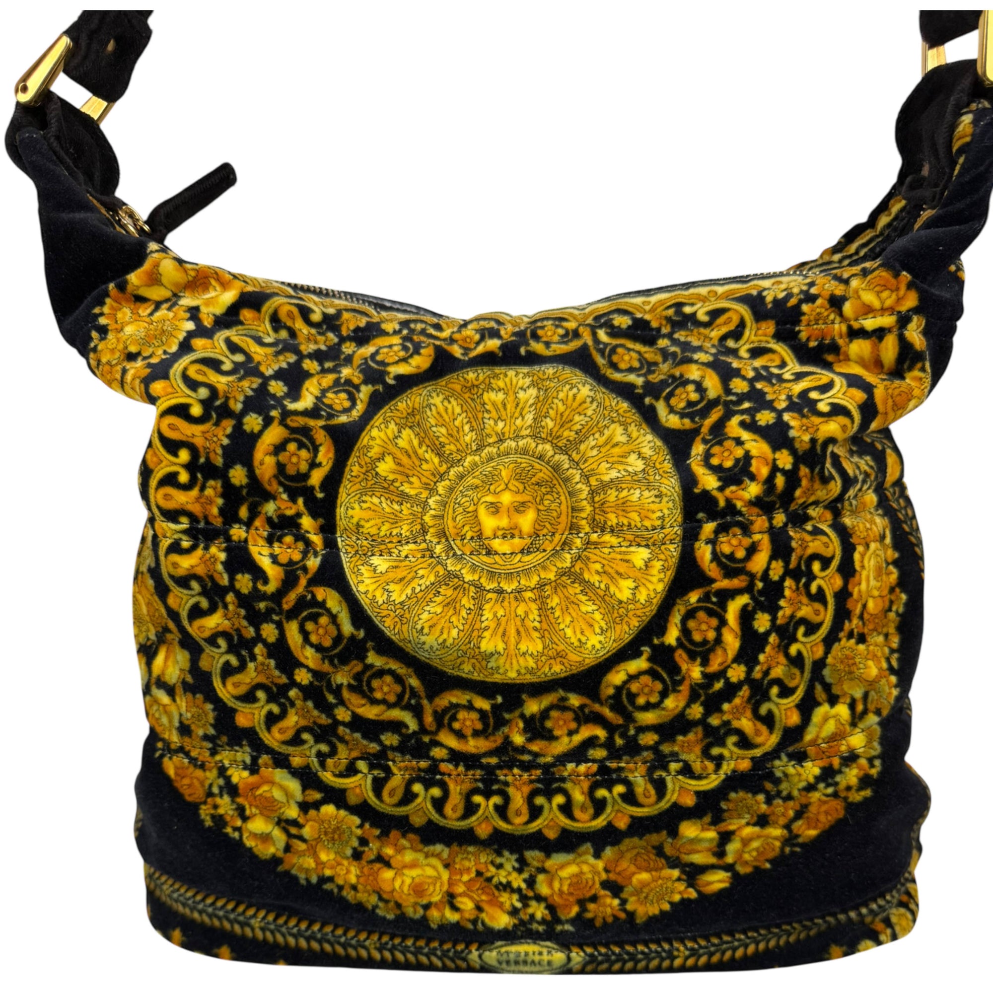 Vintage 1990s Versace Couture Shoulder Bag Velvet Medusa Baroque Print As Is