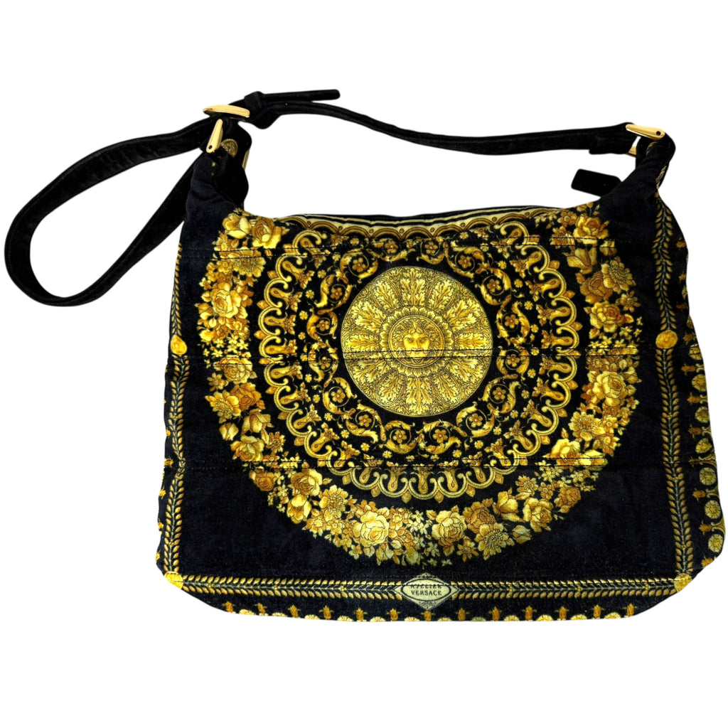 Vintage 1990s Versace Couture Shoulder Bag Velvet Medusa Baroque Print As Is