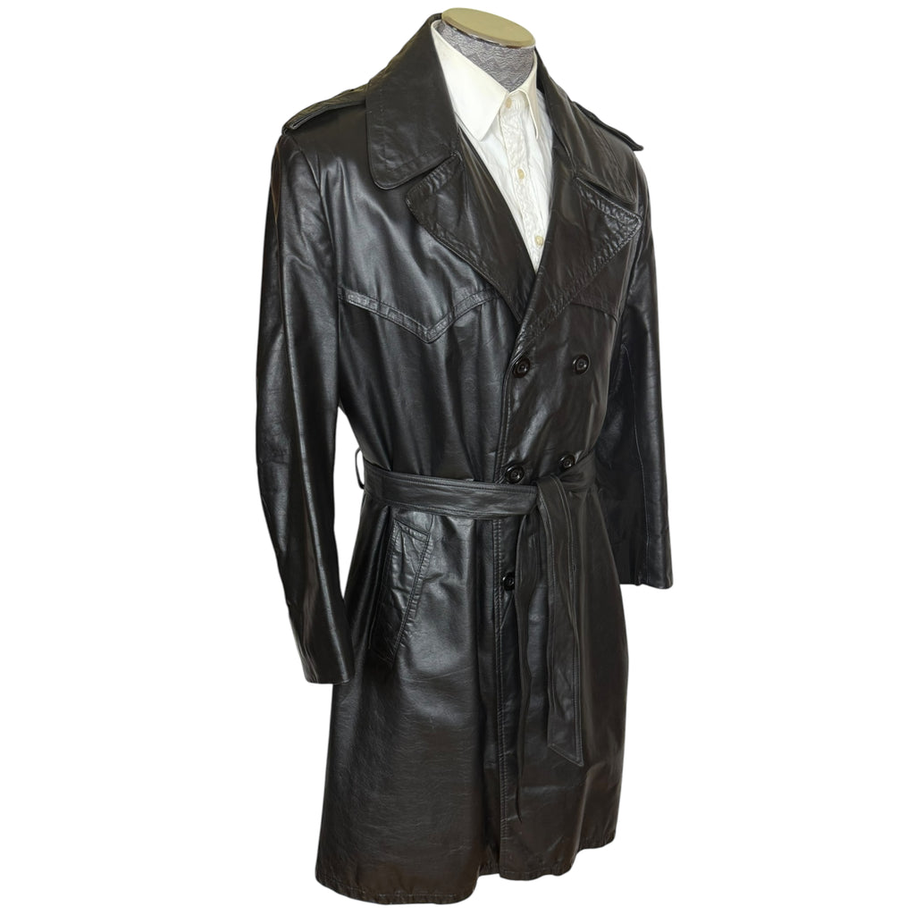 Vintage 1960s Black Leather Trench Coat Overcoat Mens Sz 46