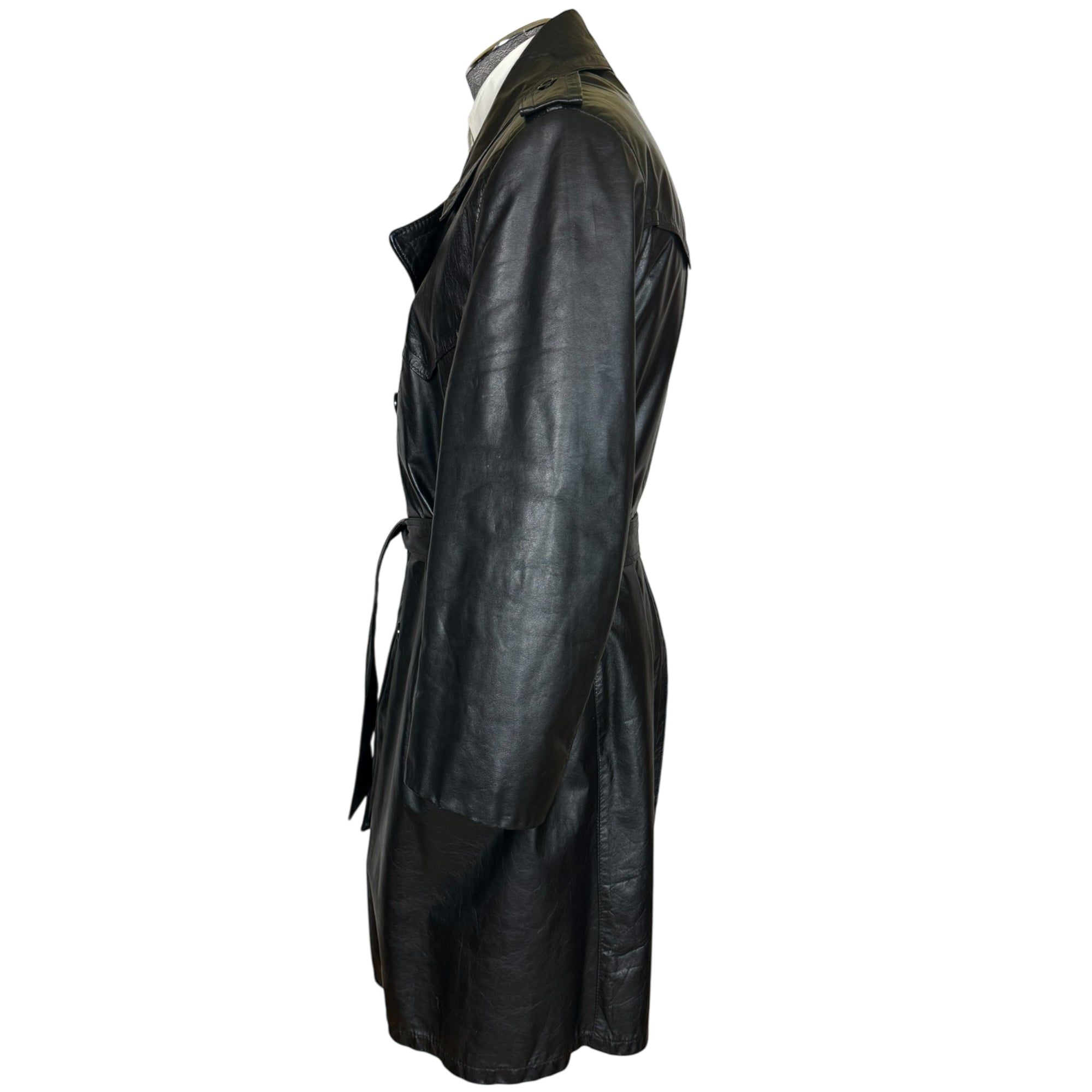 Vintage 1960s Black Leather Trench Coat Overcoat Mens Sz 46