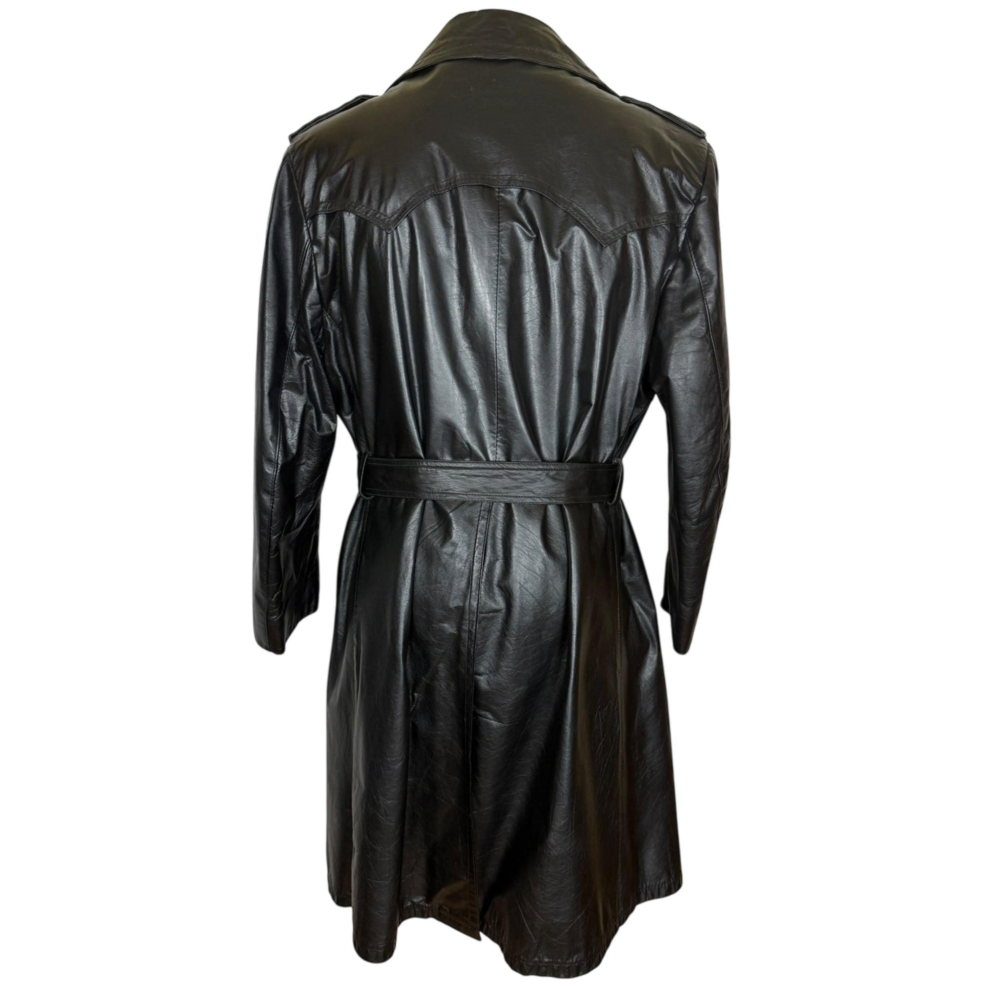 Vintage 1960s Black Leather Trench Coat Overcoat Mens Sz 46