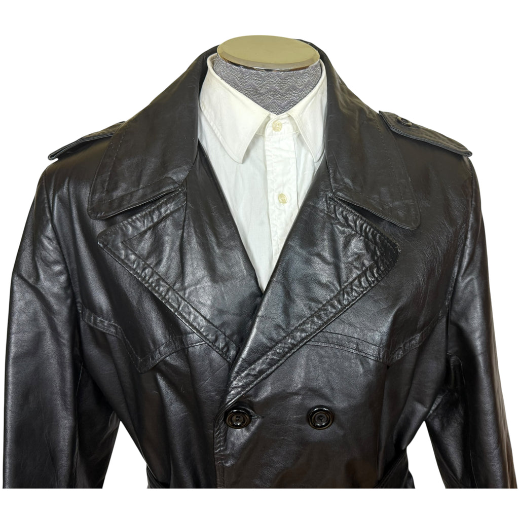 Vintage 1960s Black Leather Trench Coat Overcoat Mens Sz 46