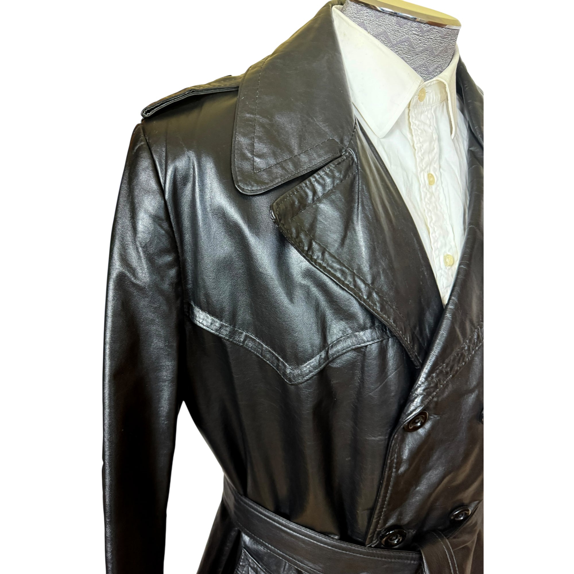 Vintage 1960s Black Leather Trench Coat Overcoat Mens Sz 46
