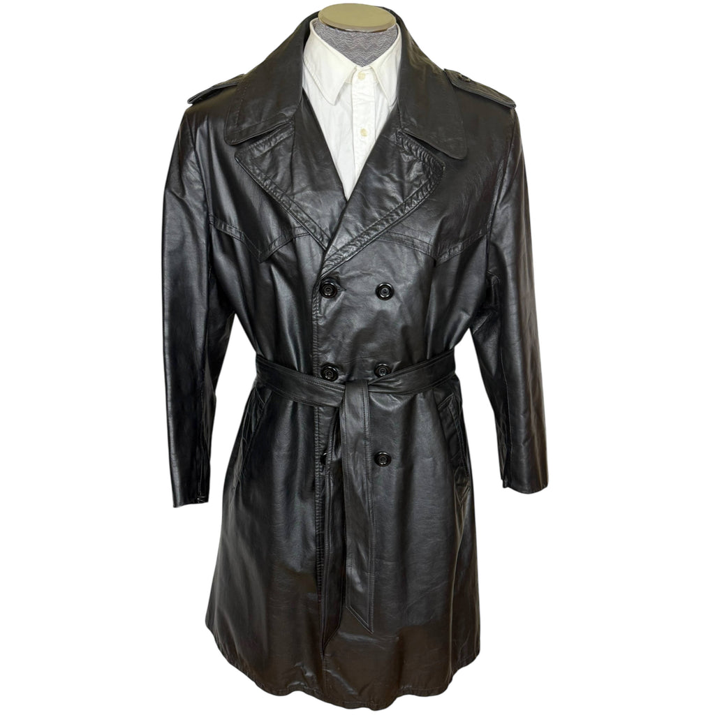 Vintage 1960s Black Leather Trench Coat Overcoat Mens Sz 46