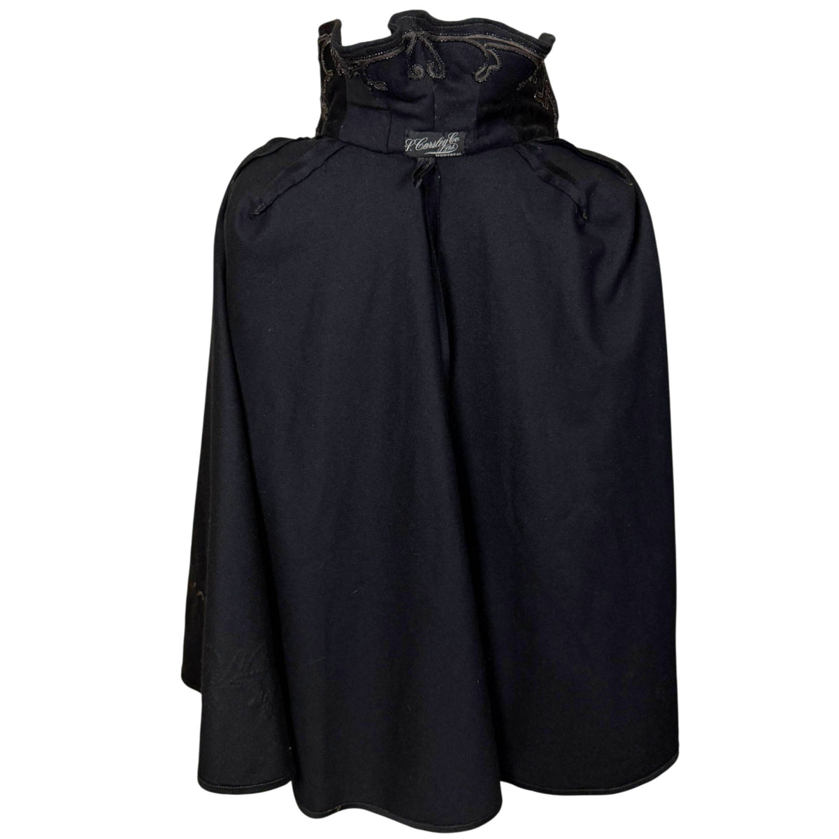 Interior of Victorian wool cape showing gathered shoulder pleats and unlined construction