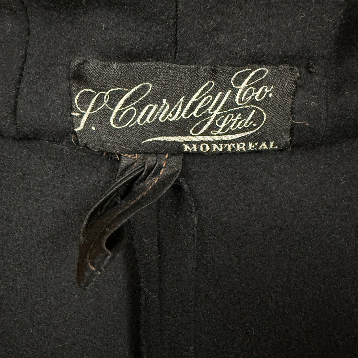 Close-up of original S. Carsley Co Ltd Montreal woven clothing label