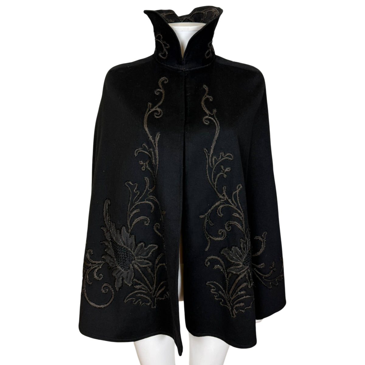 Antique Victorian black wool cape with standing collar and floral beaded embroidery, S. Carsley Montreal