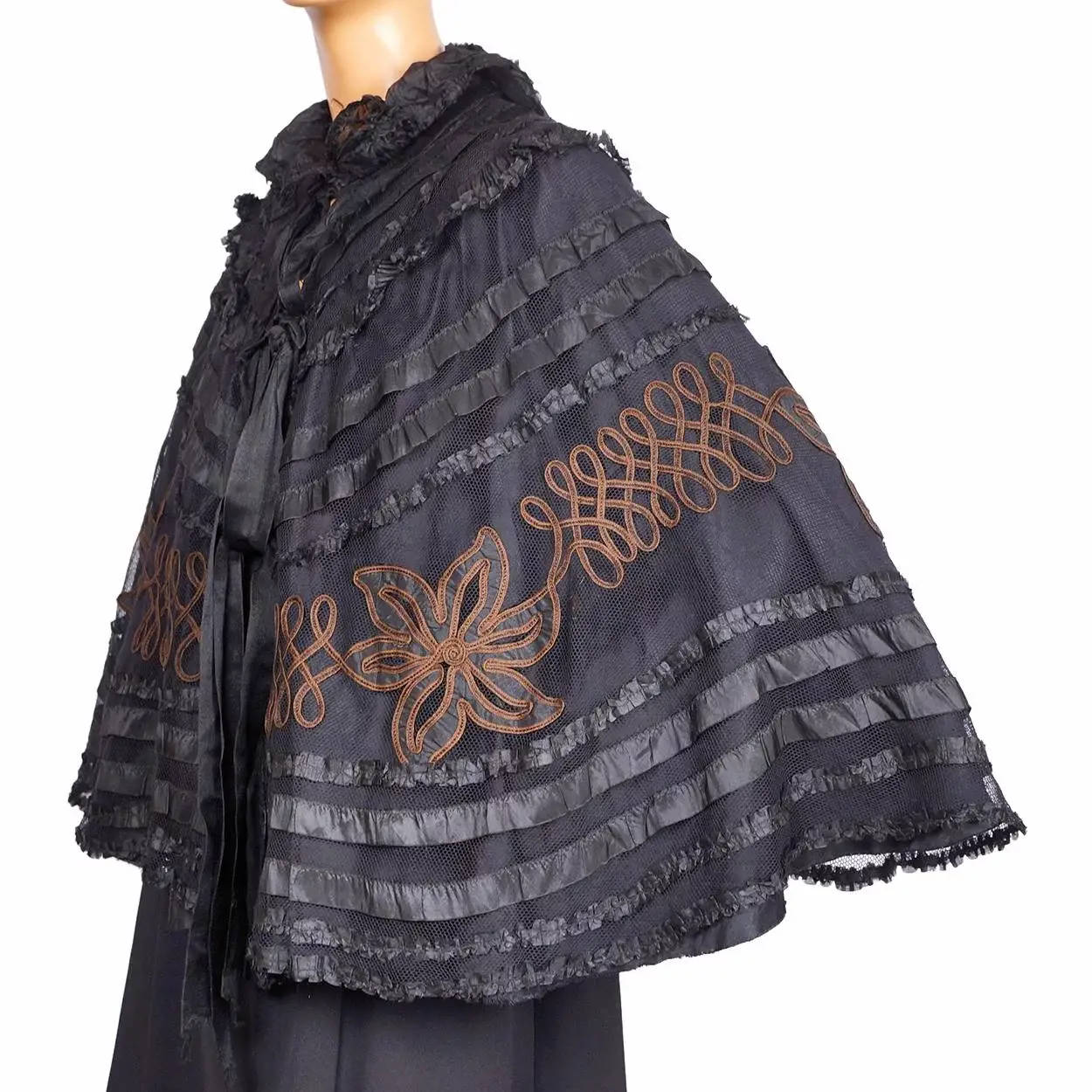 Antique Victorian Mourning Cape Black Silk on Net Mantelet