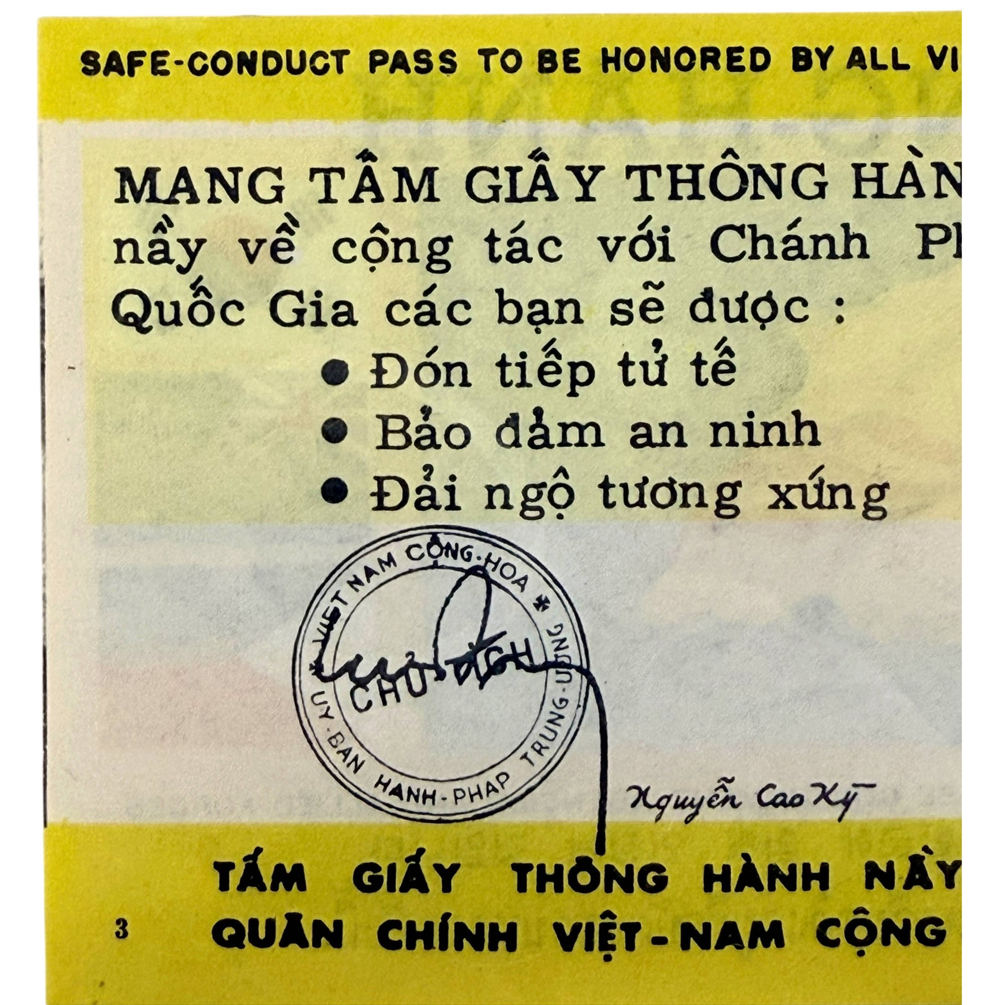 signature of Nguyen Cao Ky on 1967 Vietnam war safe conduct pass