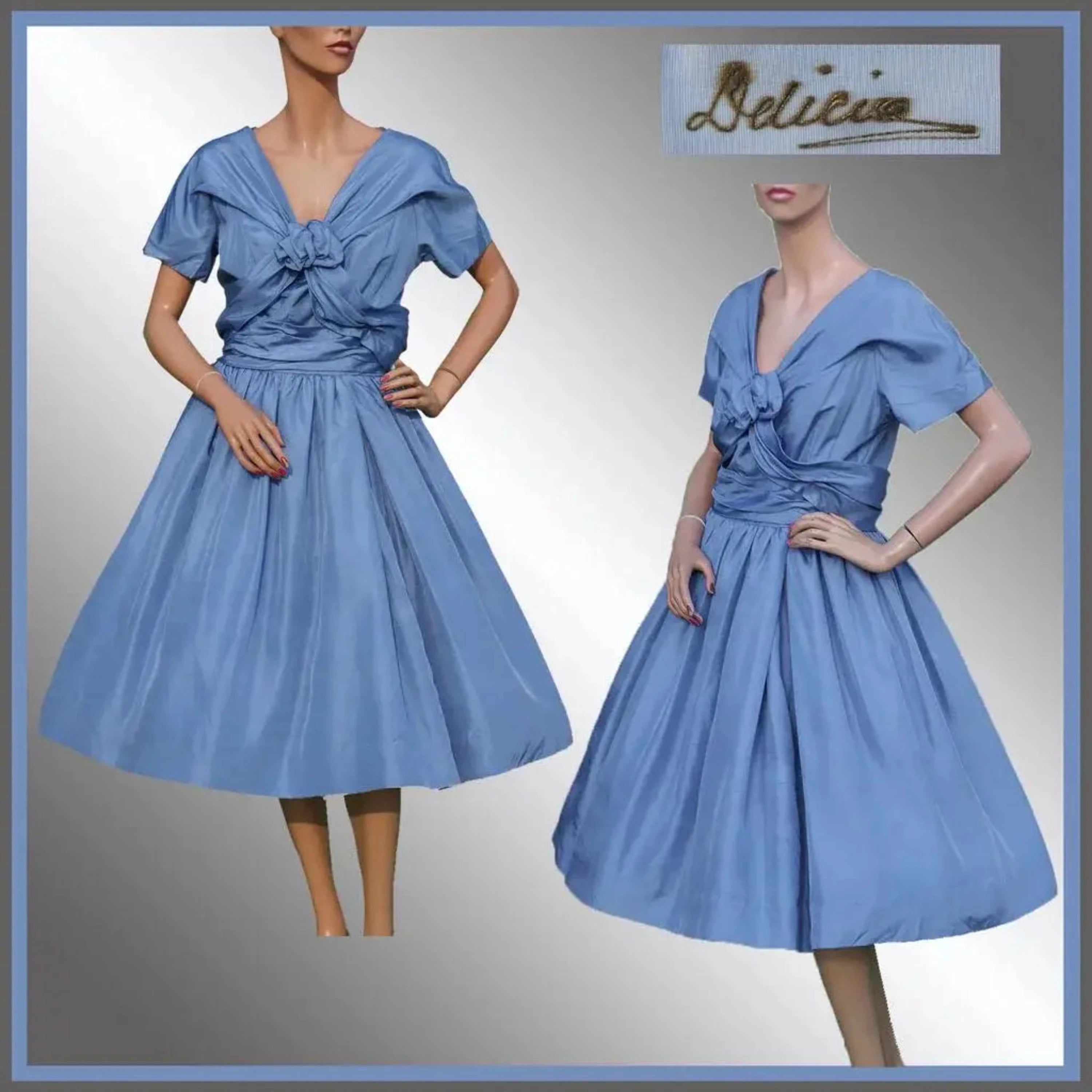 Vintage 1950s Cornflower Blue Silk Party Dress