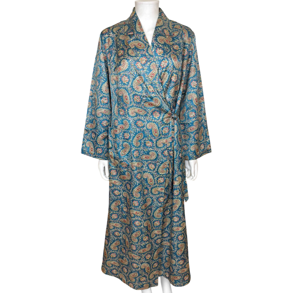Vintage 1940s / 1950s Paisley Dressing Gown Robe Blue Satin Lounge Coat Housecoat
