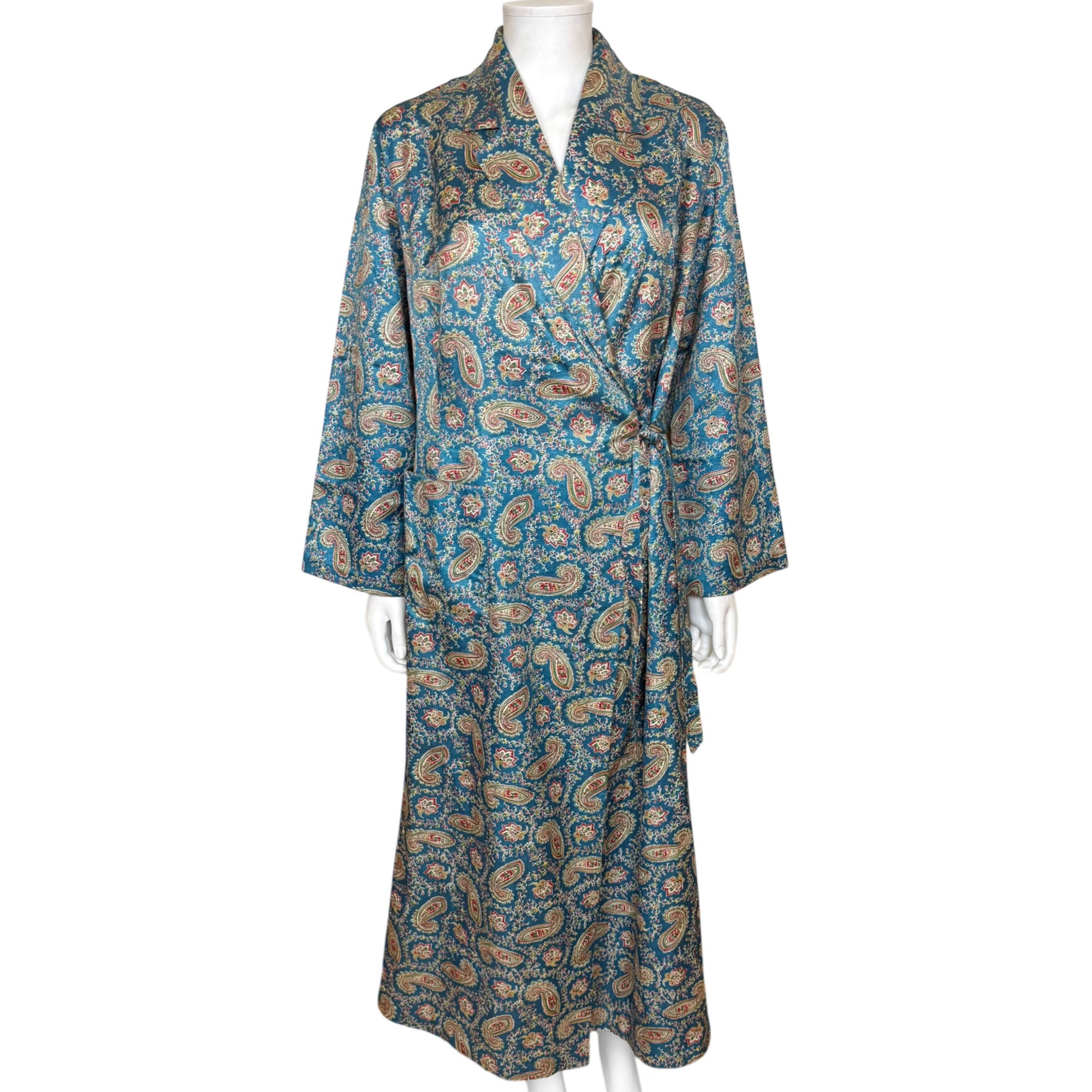 Vintage 1940s / 1950s Paisley Dressing Gown Robe Blue Satin Lounge Coat Housecoat