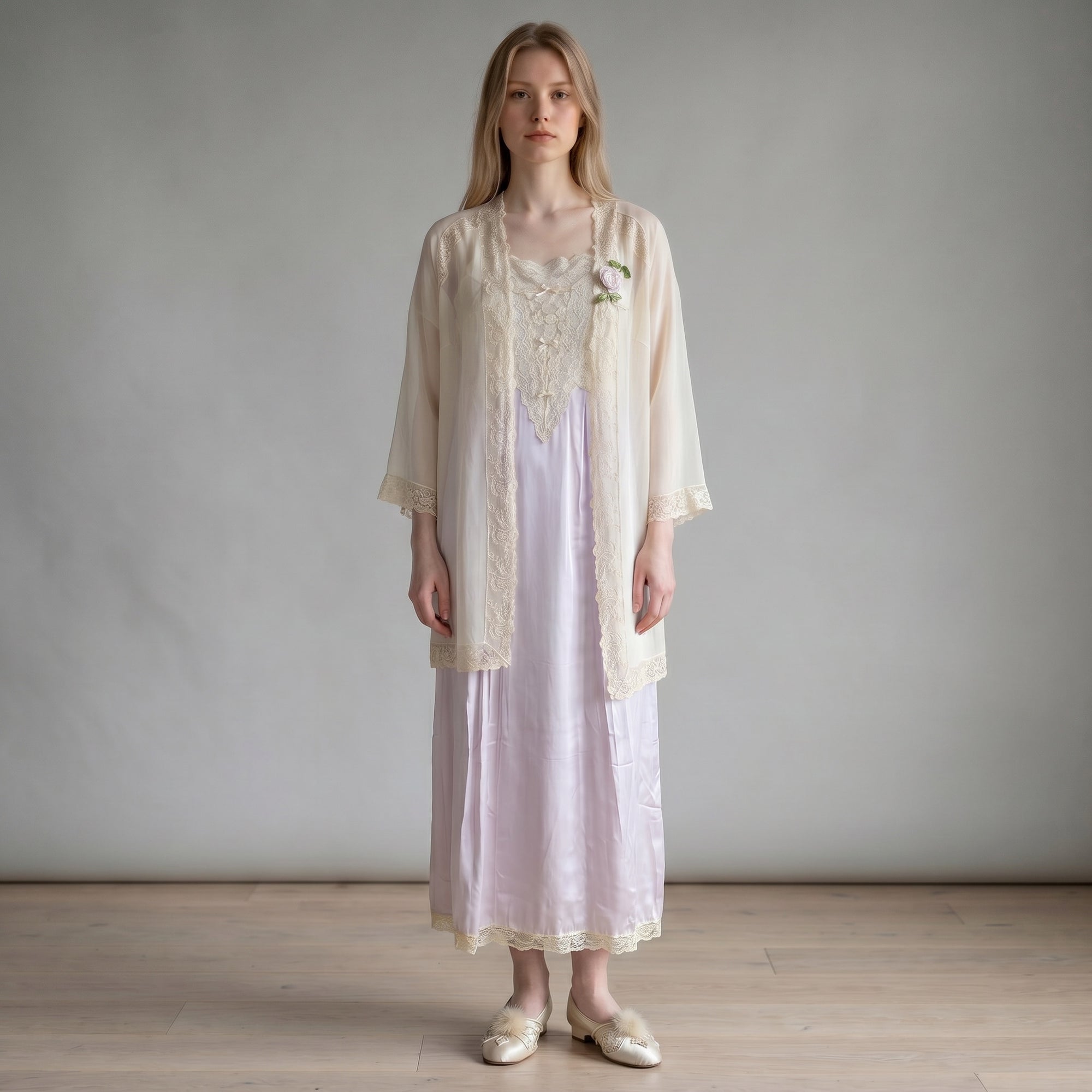 AI model wearing Antique 1920s lilac silk nightgown with matching cream chiffon bed jacket