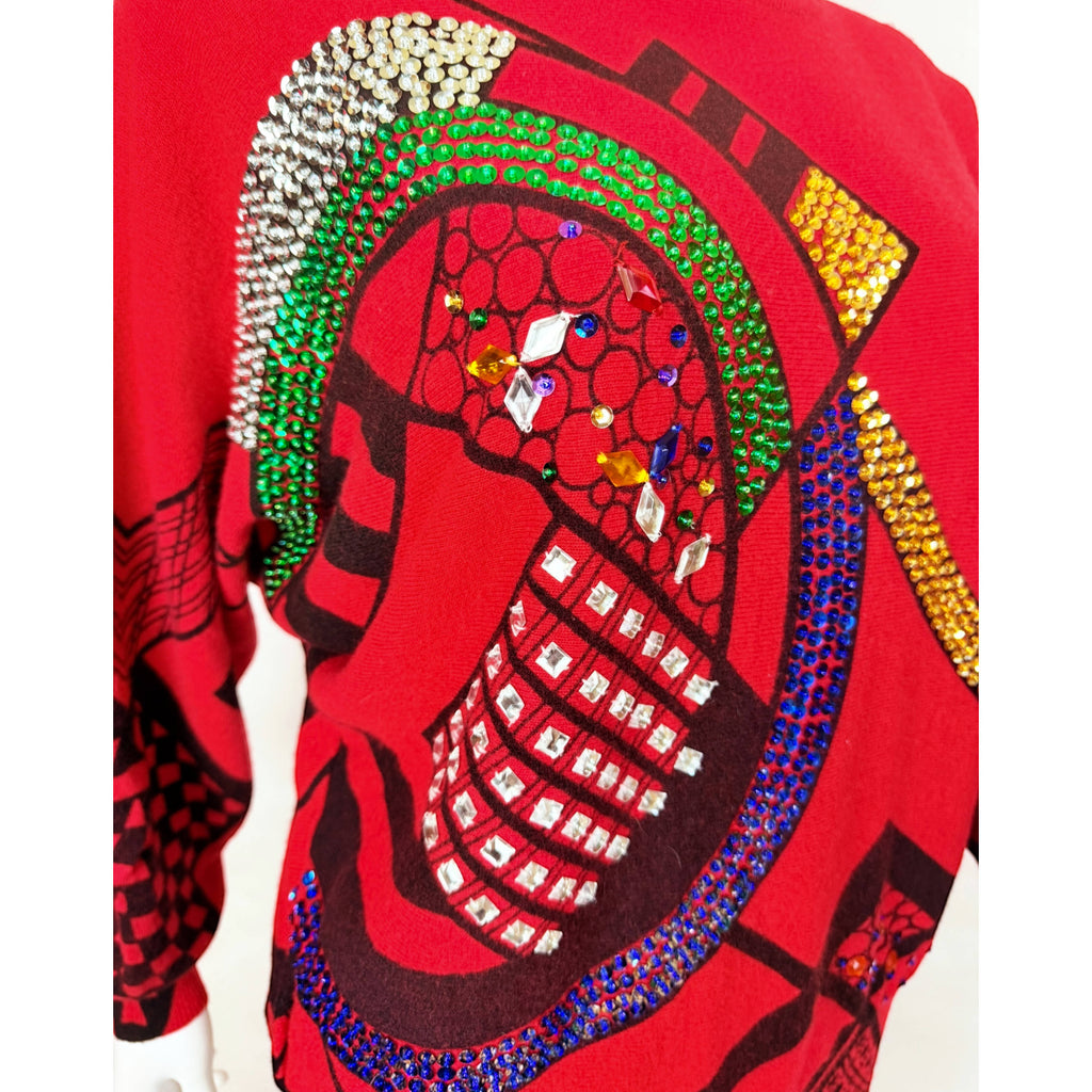 Vintage 1980s New Wave Beaded Sweater Red Pullover Ladies M