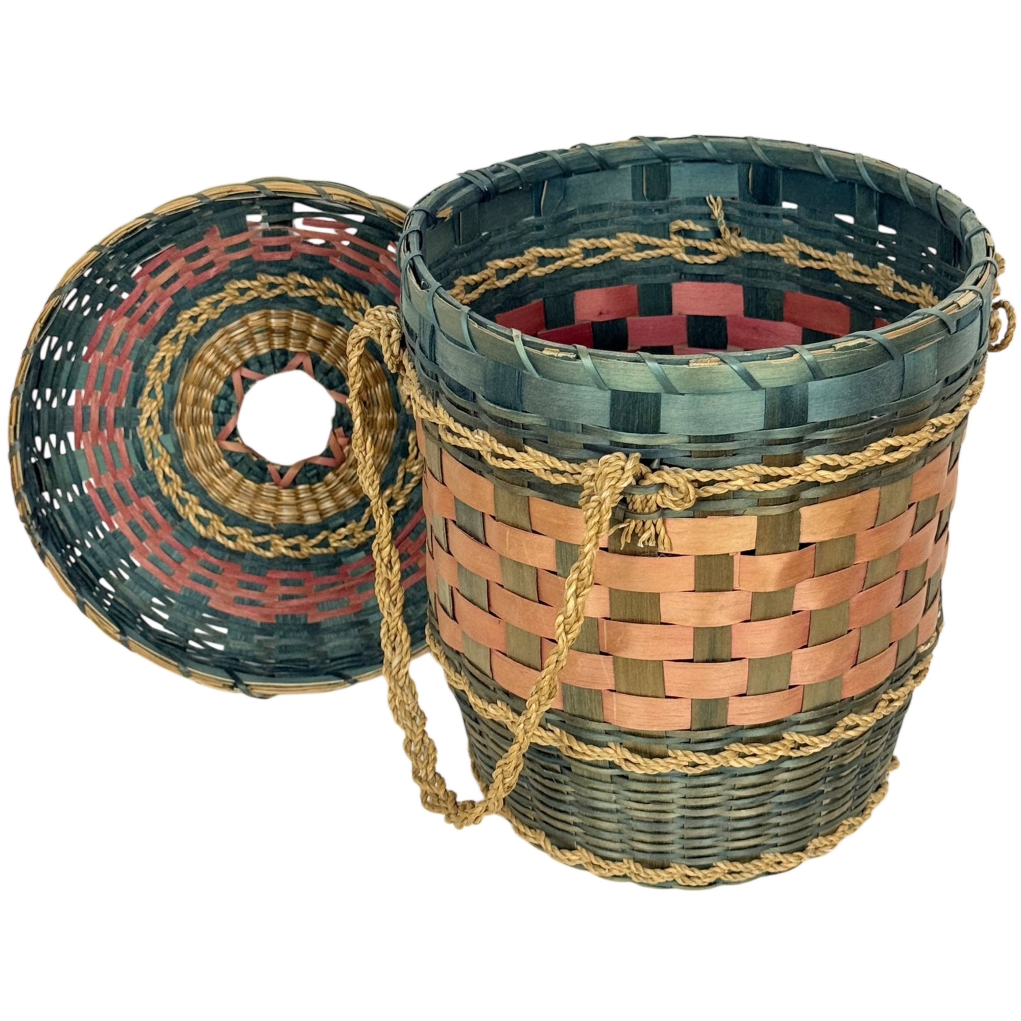 Native American Wabanaki Ash Splint Lidded Basket Sweetgrass
