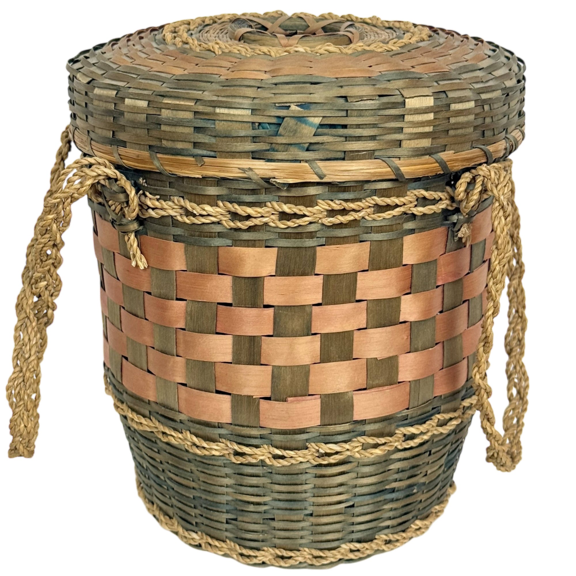 Native American Wabanaki Ash Splint Lidded Basket Sweetgrass