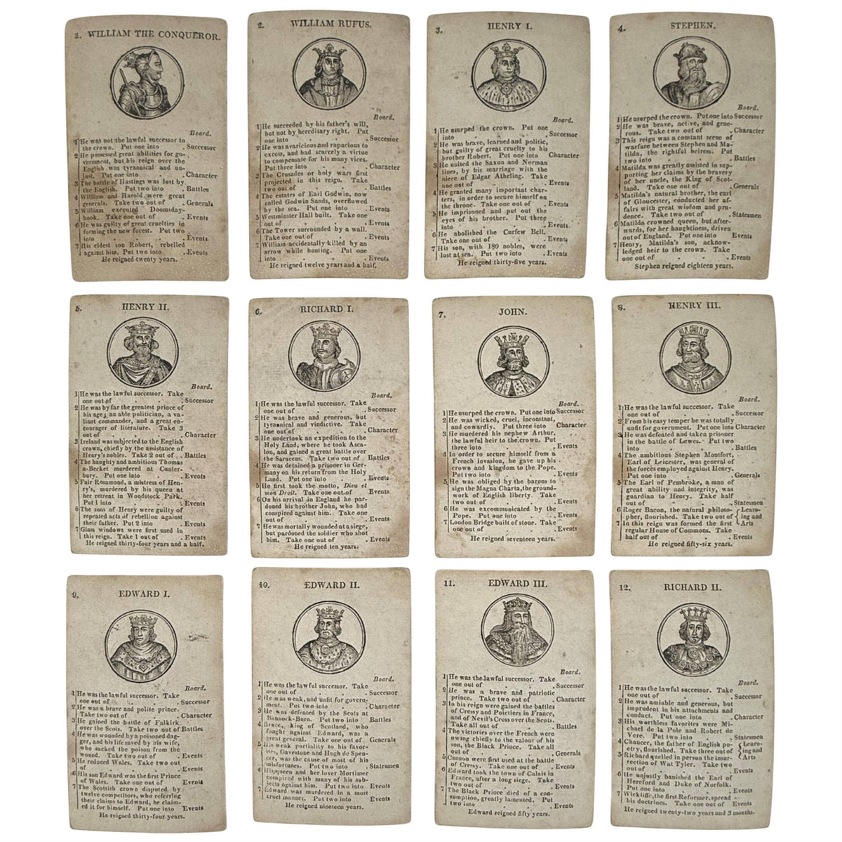 John Wallis Historical Cards complete 32 card set 18th century