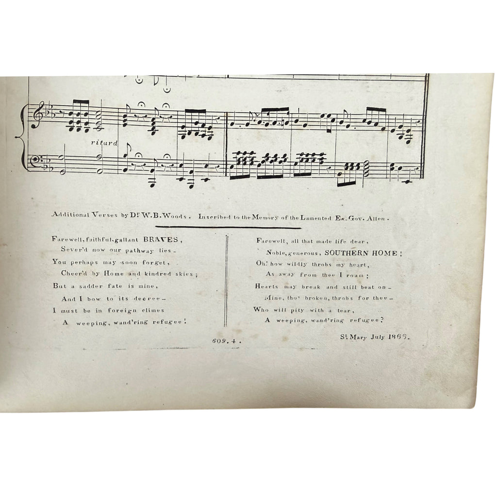 Additional verses by Dr. W. B. Wood dated July 1866 dedicated to Confederate governor Henry Watkins Allen
