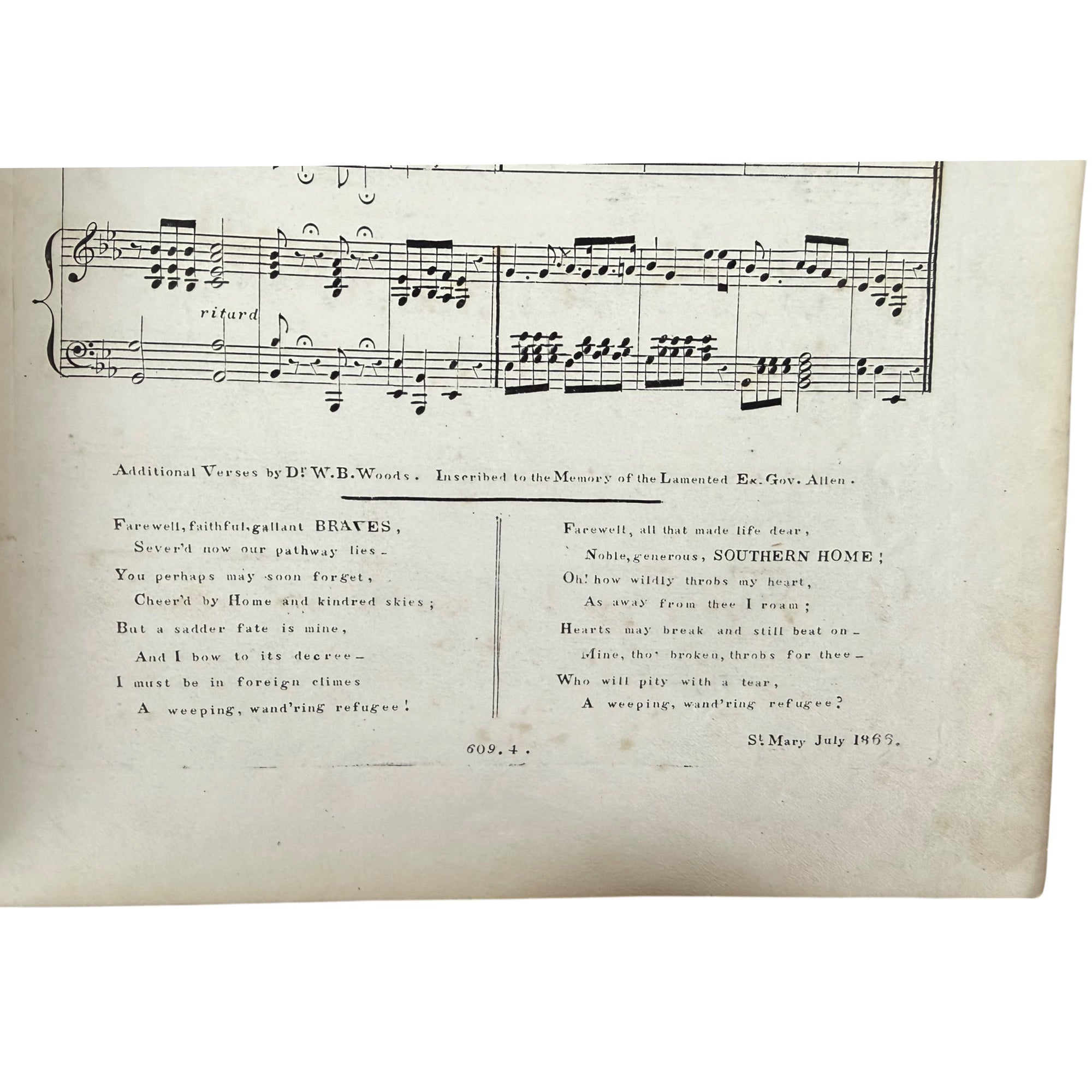 Additional verses by Dr. W. B. Wood dated July 1866 dedicated to Confederate governor Henry Watkins Allen
