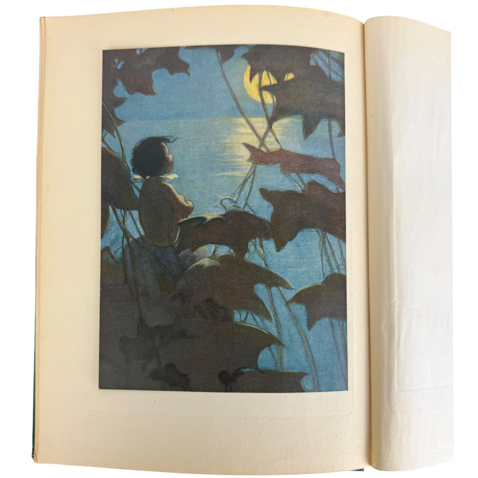 jessie willcox smith illustration  of a child sitting by a lake at night under a crescent moon, surrounded by dark leaves, with cream-colored pages.