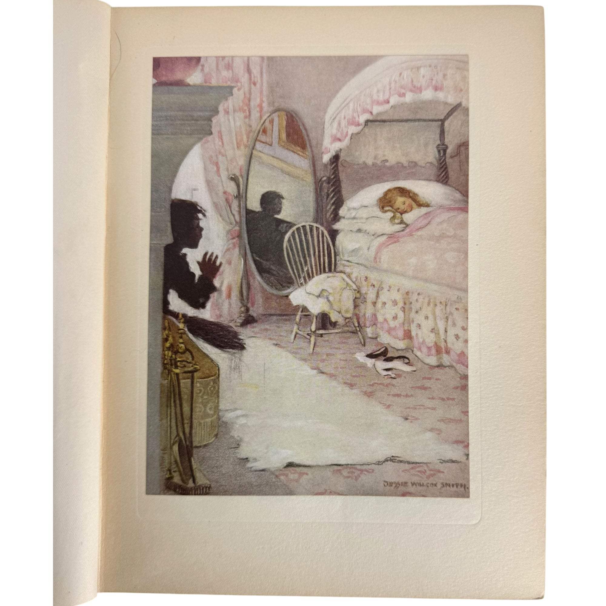 jessie wilcox smith  illustration of a bedroom scene. A woman in a black dress stands in a mirror, while a child sleeps on a pink bed with a canary bird on the pillow.