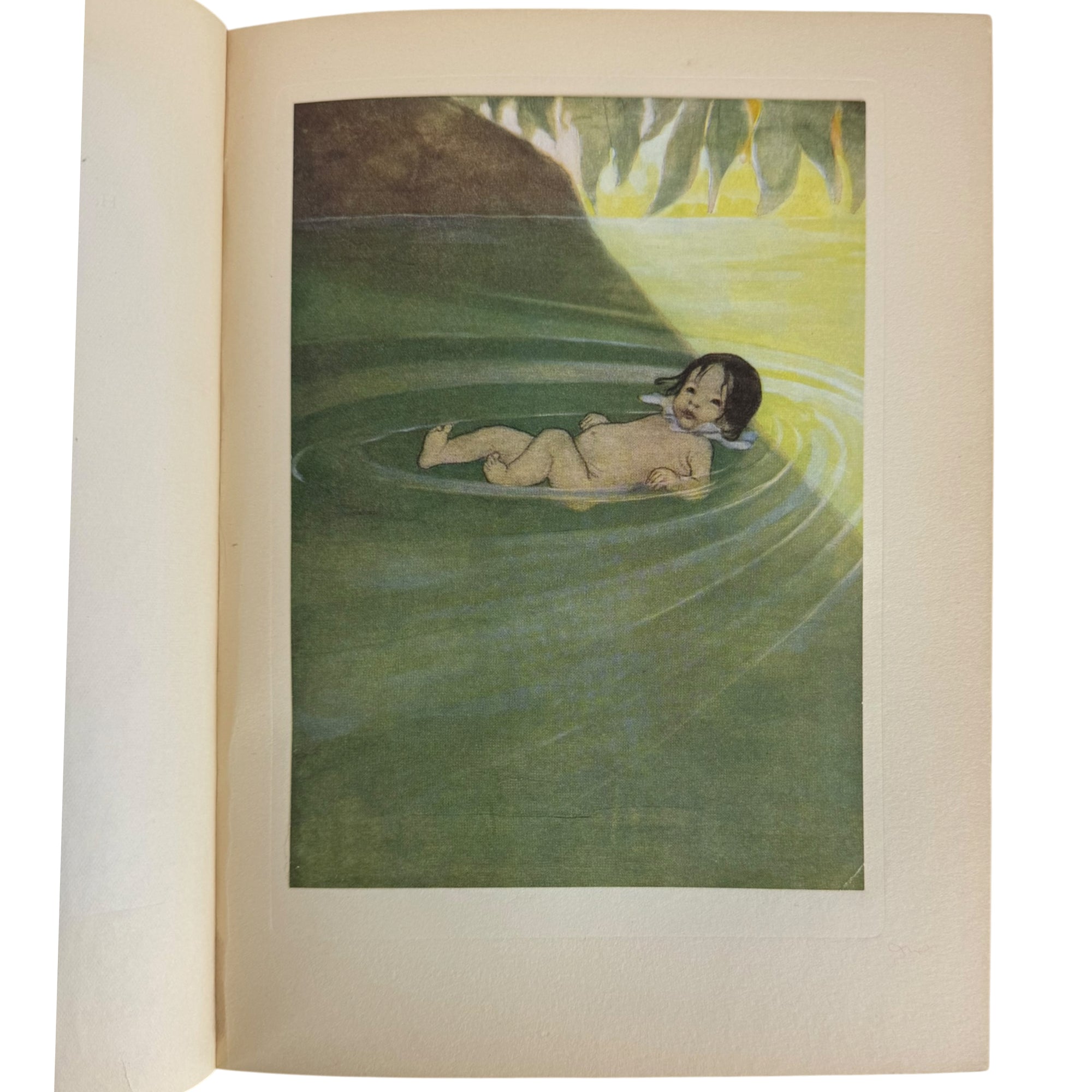 illustration by jessie wilcox smith showing a painted scene of a child floating in green water, with cream-colored pages surrounding the artwork.