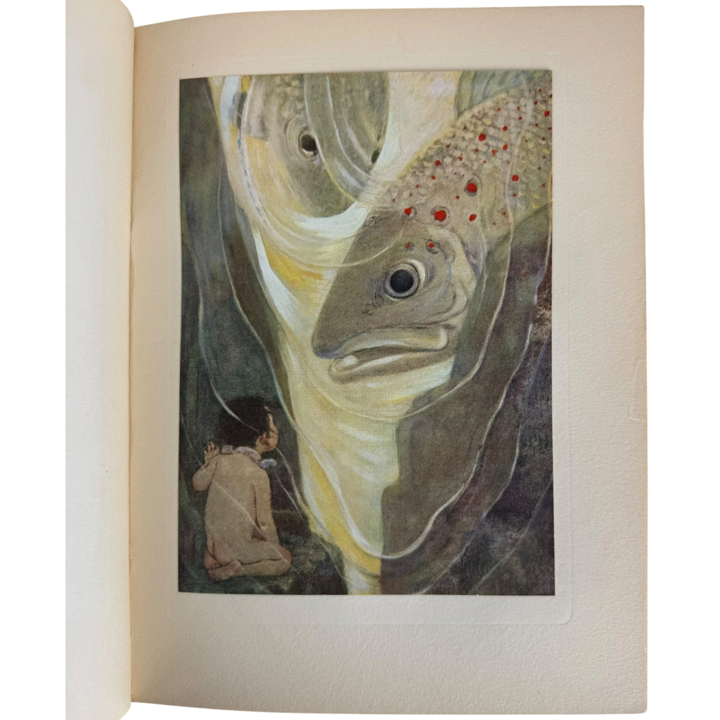 jessie wilcox smith illustration showing a large surreal fish illustration with a small seated figure, photographed against a light neutral background.