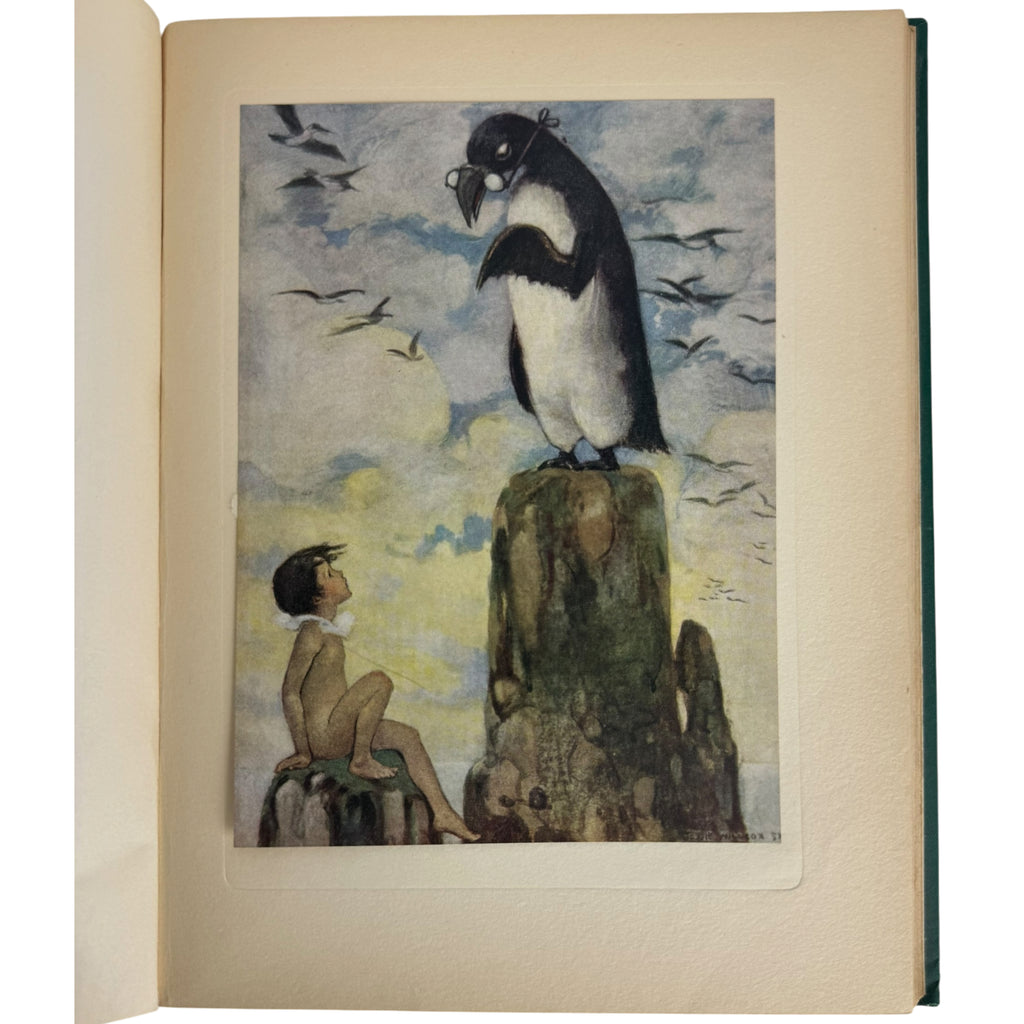 jessie wilcox smith The Water Babies book depicting a penguin standing on a rock, looking down at a small seated figure, with birds flying in a cloudy sky.