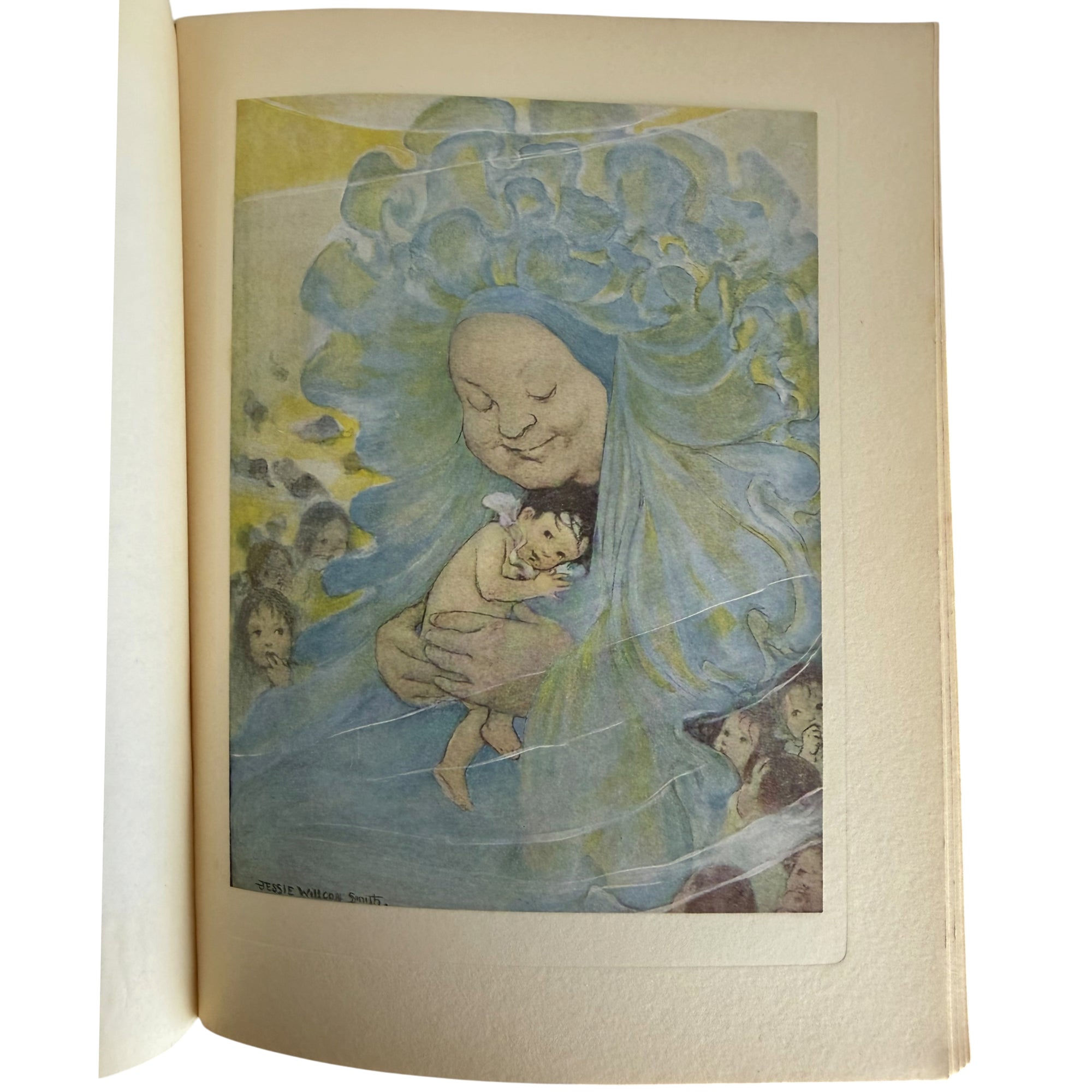 jessie wilcox smith the water babies book illustration depicting a serene blue-toned figure holding a small child, with soft yellow and pale green accents and additional small figures around them.