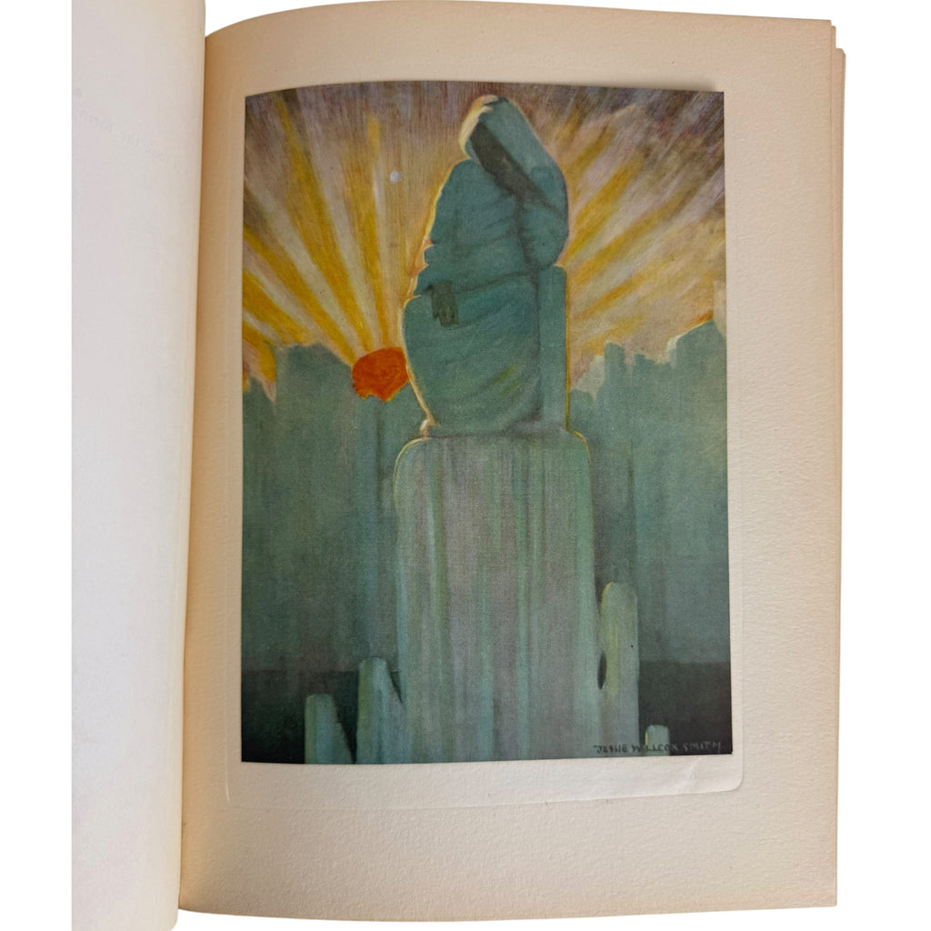 early edition of The Water Babies illustration depicting a seated figure in a blue-green robe on a pedestal, with a glowing yellow sunburst and a small orange-red sun in the background.