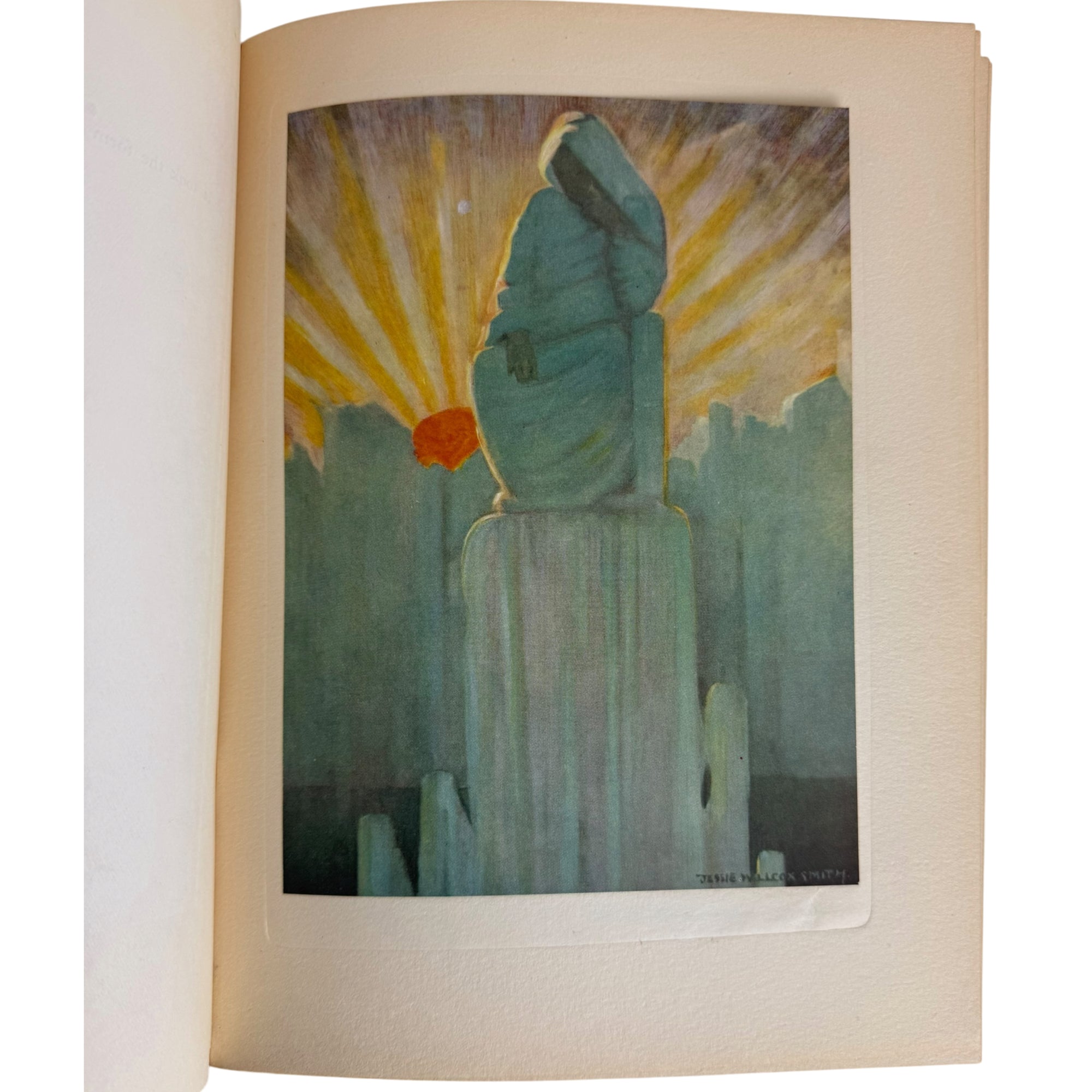 early edition of The Water Babies illustration depicting a seated figure in a blue-green robe on a pedestal, with a glowing yellow sunburst and a small orange-red sun in the background.
