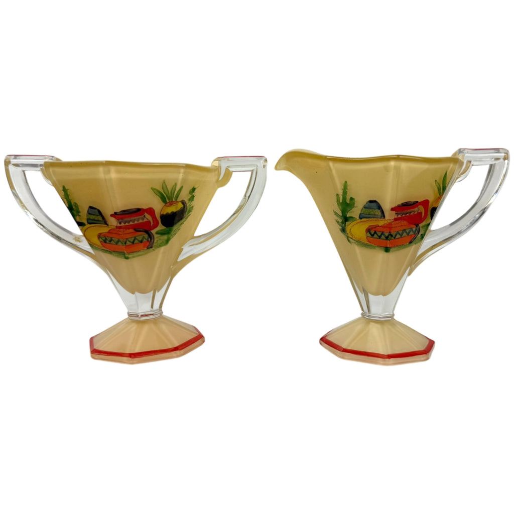 Art Deco Westmoreland Glass Creamer and Sugar Southwestern Motif
