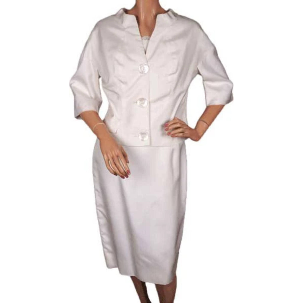 1960s White Silk Couture Dress with Jacket Size M Riché Mosher Toronto