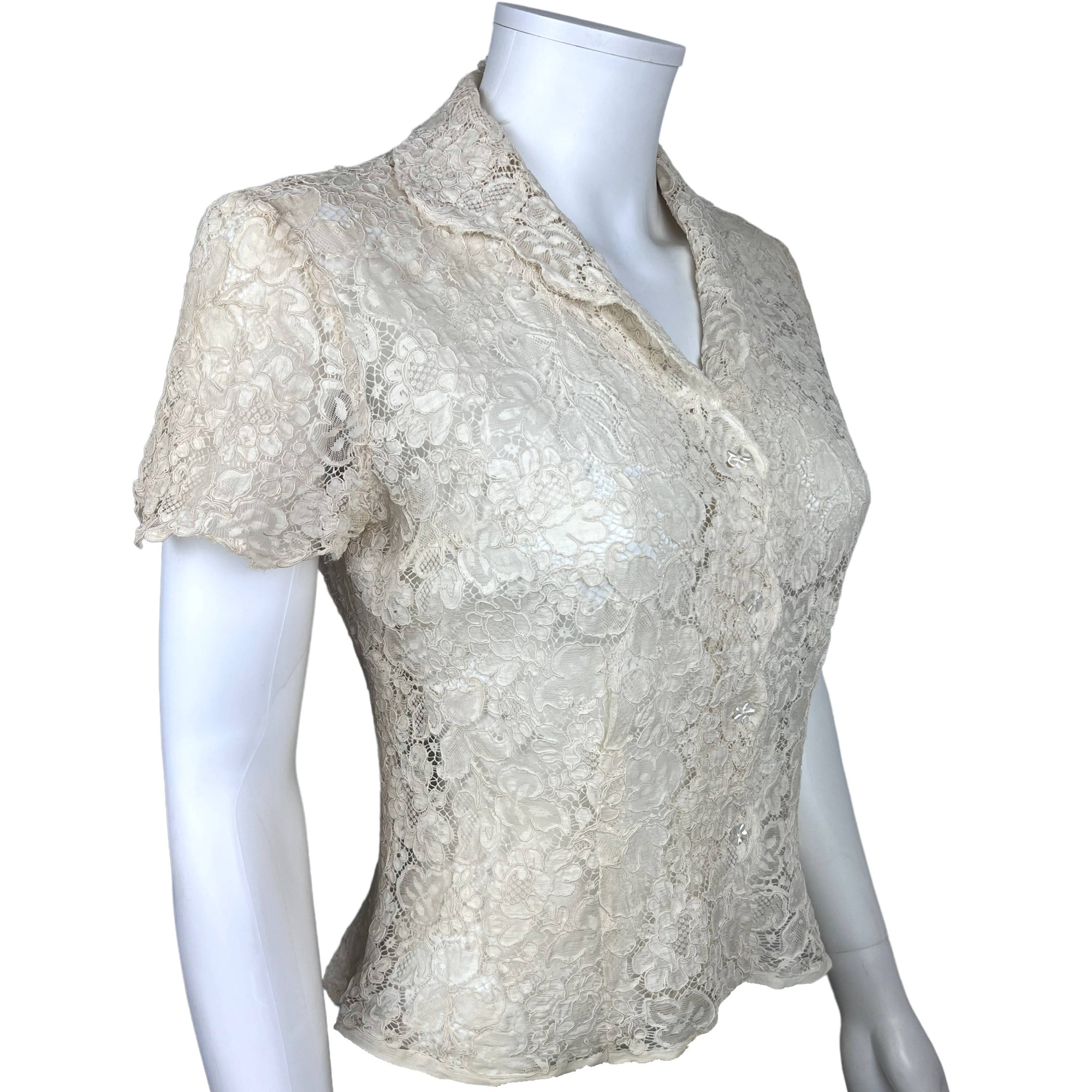 Vintage 1940s Lace Blouse Cream White Cotton Top Size M