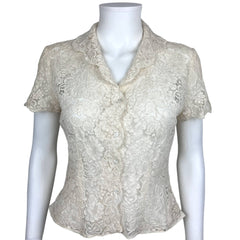 Vintage 1940s Lace Blouse Cream White Cotton Top Size M