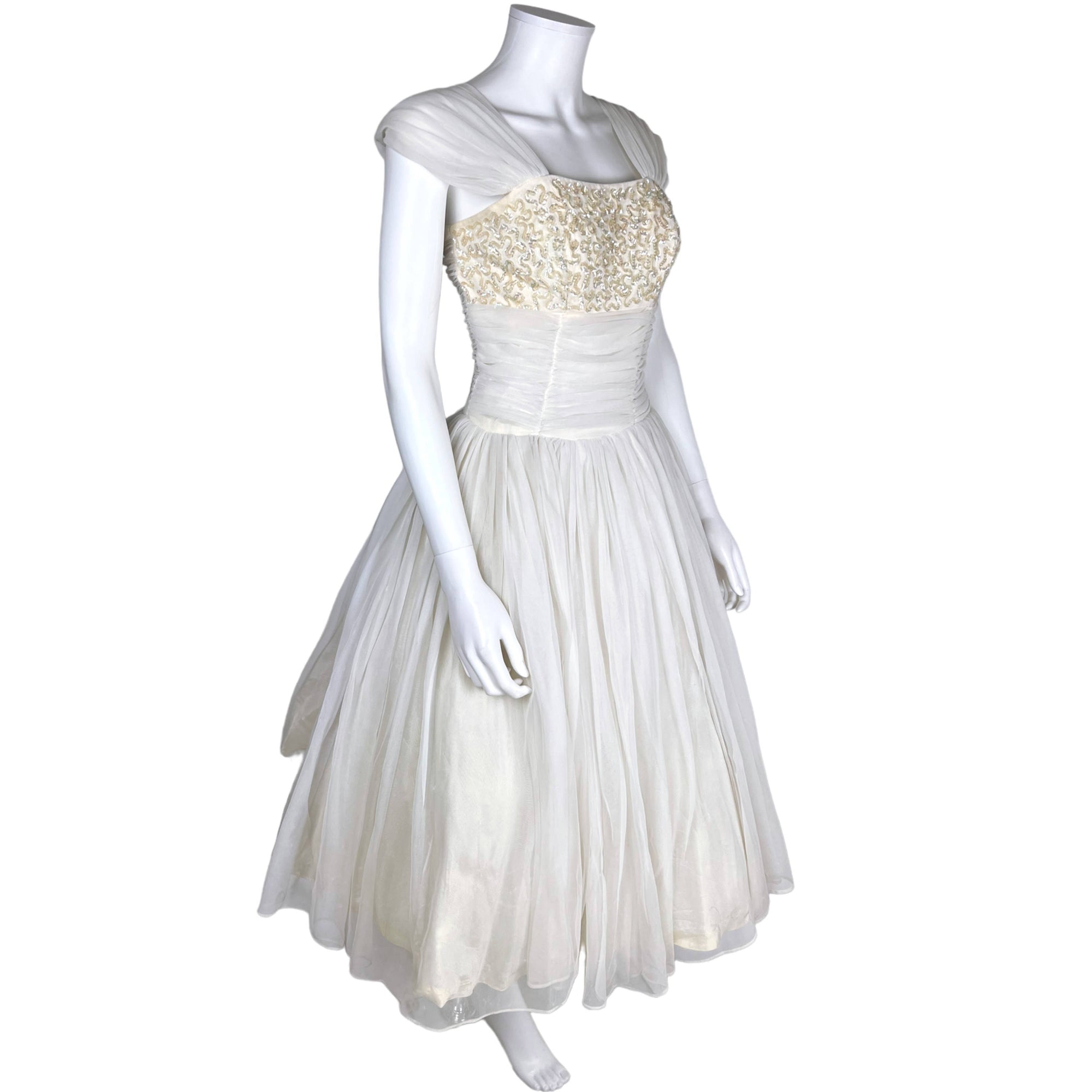 Vintage 50s Party Dress White Nylon Chiffon Sequinned Bust S