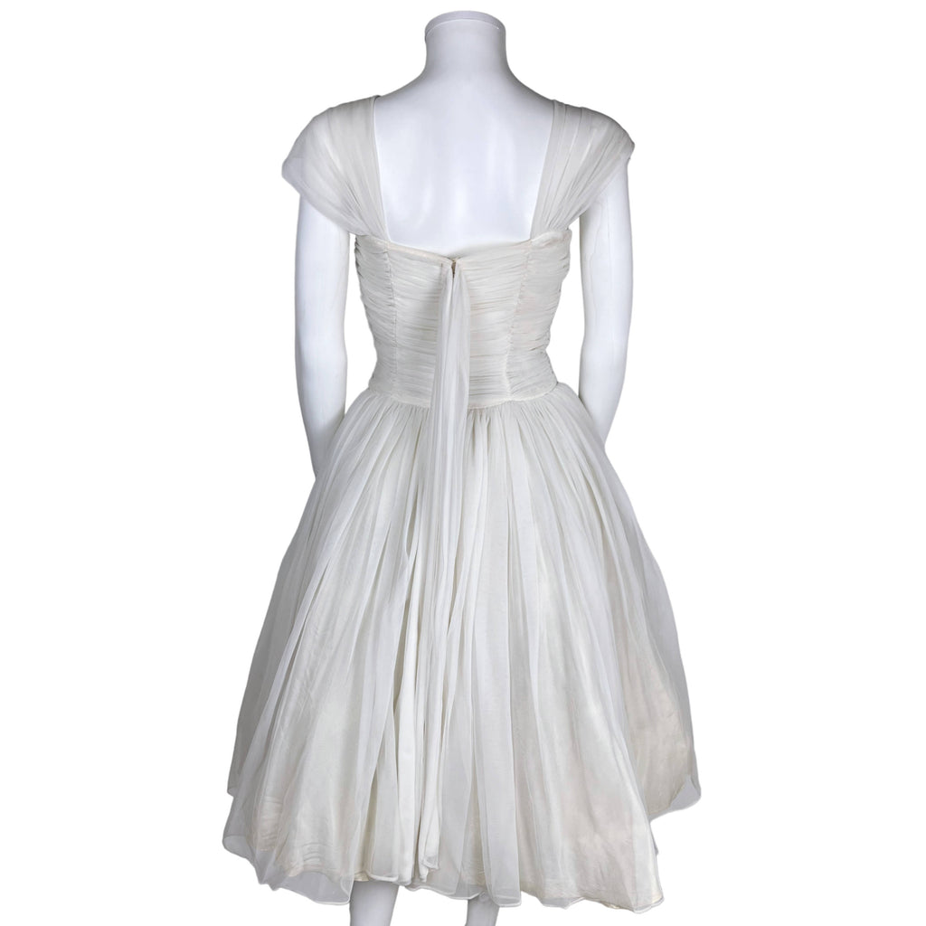 Vintage 50s Party Dress White Nylon Chiffon Sequinned Bust S