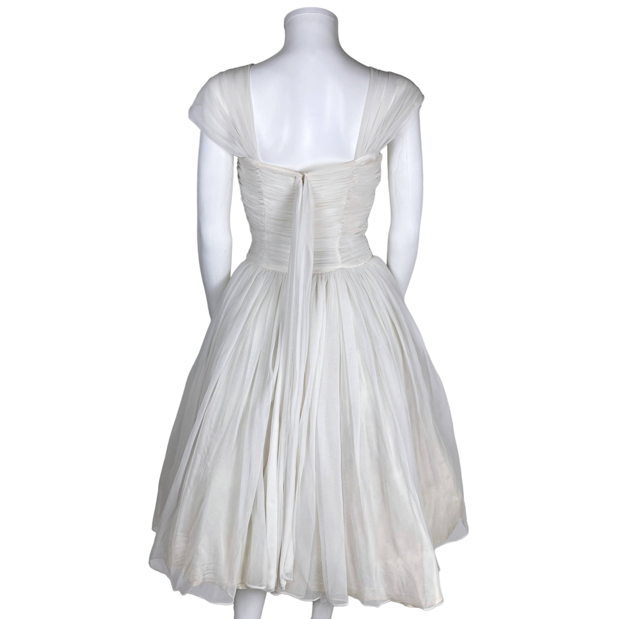 Vintage 50s Party Dress White Nylon Chiffon Sequinned Bust S