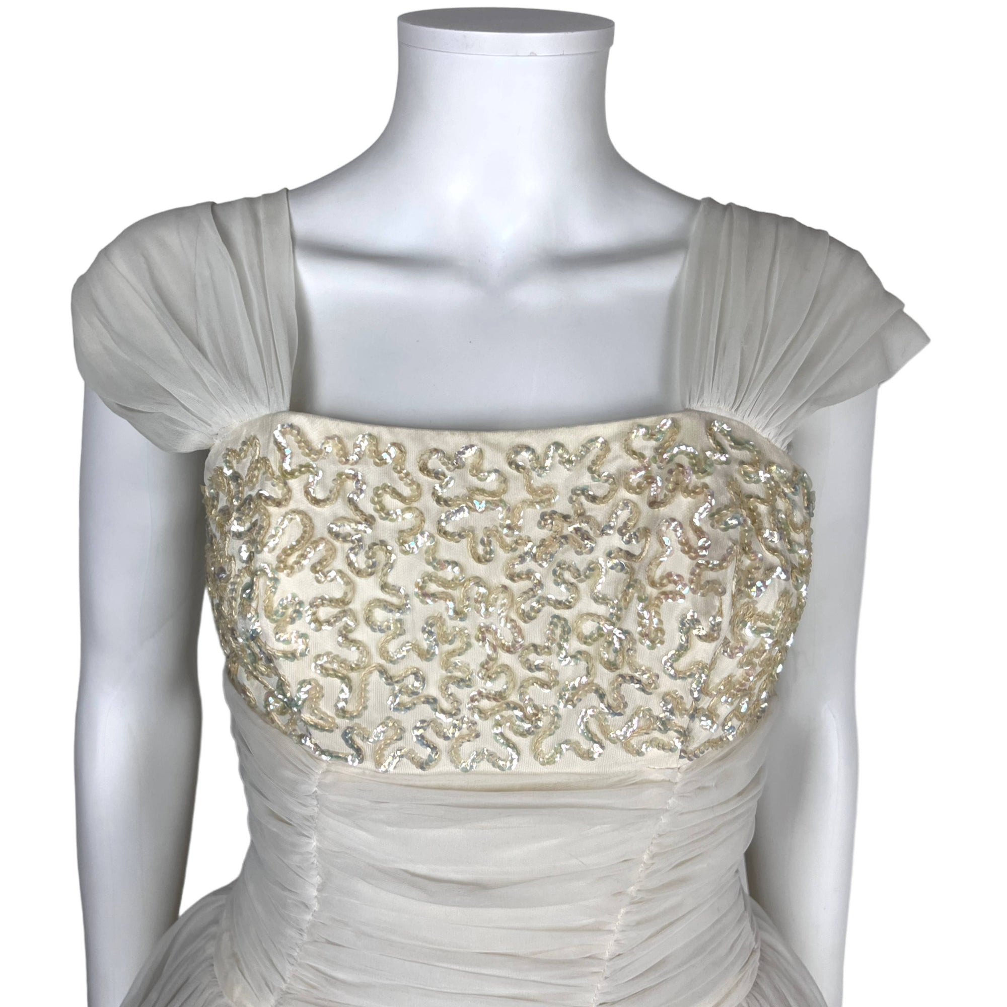 Vintage 50s Party Dress White Nylon Chiffon Sequinned Bust S