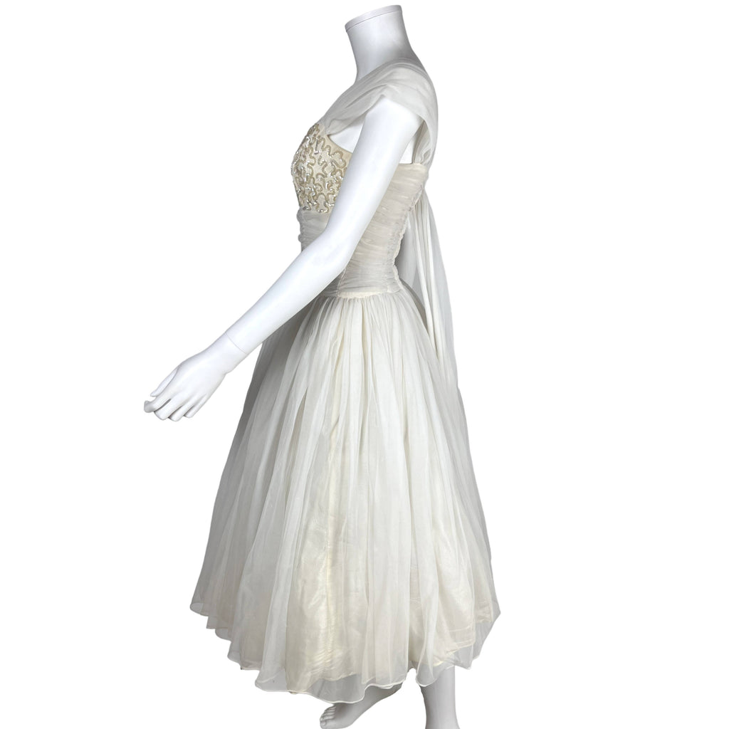 Vintage 50s Party Dress White Nylon Chiffon Sequinned Bust S