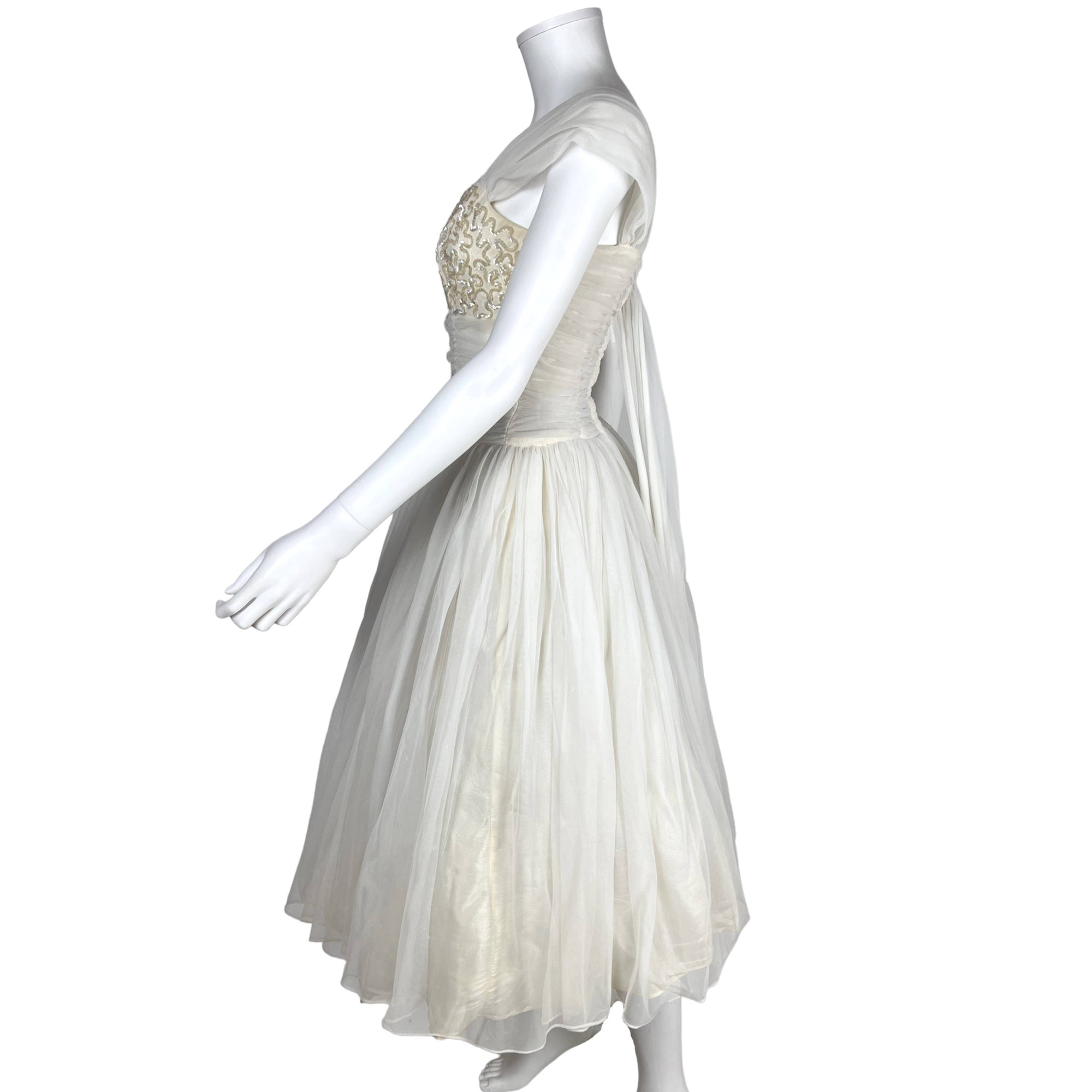 Vintage 50s Party Dress White Nylon Chiffon Sequinned Bust S